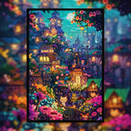 Enchanted Moonlit Cat Town Wooden Jigsaw Puzzle Framed, Whimsical Fantasy Village Wall Decor
