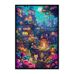 Enchanted Moonlit Cat Town Wooden Jigsaw Puzzle Framed, Whimsical Fantasy Village Wall Decor