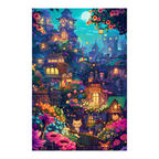 Enchanted Moonlit Cat Town Wooden Jigsaw Puzzle Framed, Whimsical Fantasy Village Wall Decor