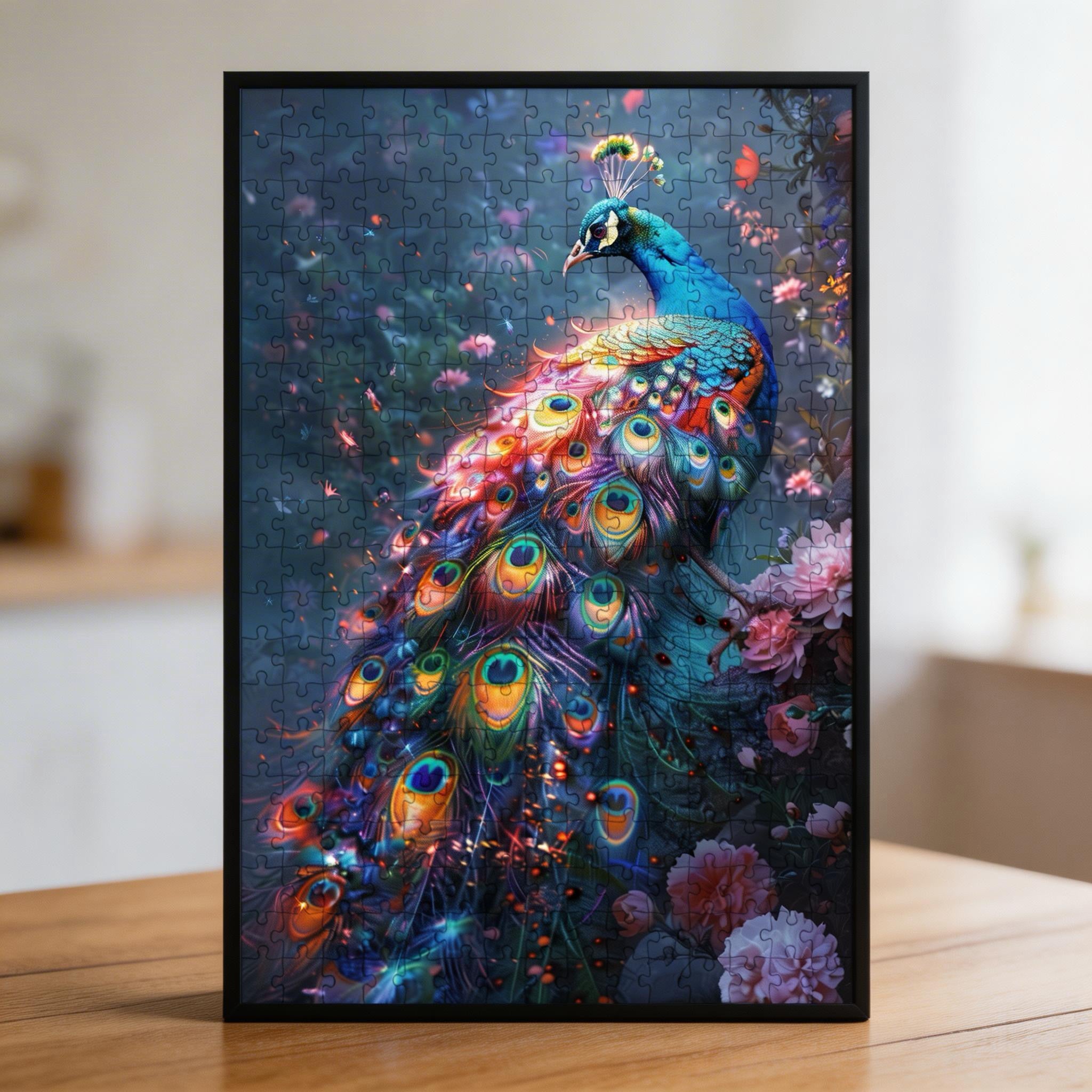 Enchanted Peacock Shaped Wooden Jigsaw Puzzle - Vibrant Floral Bird Wood Puzzle for Adults