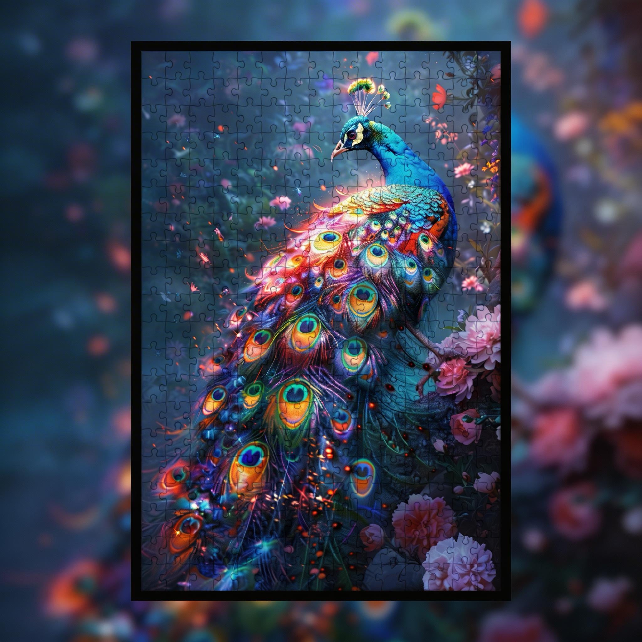 Enchanted Peacock Shaped Wooden Jigsaw Puzzle - Vibrant Floral Bird Wood Puzzle for Adults