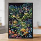 Enchanted Starry Night Village Wooden Jigsaw Puzzle - Whimsical Forest Town Wood Puzzle