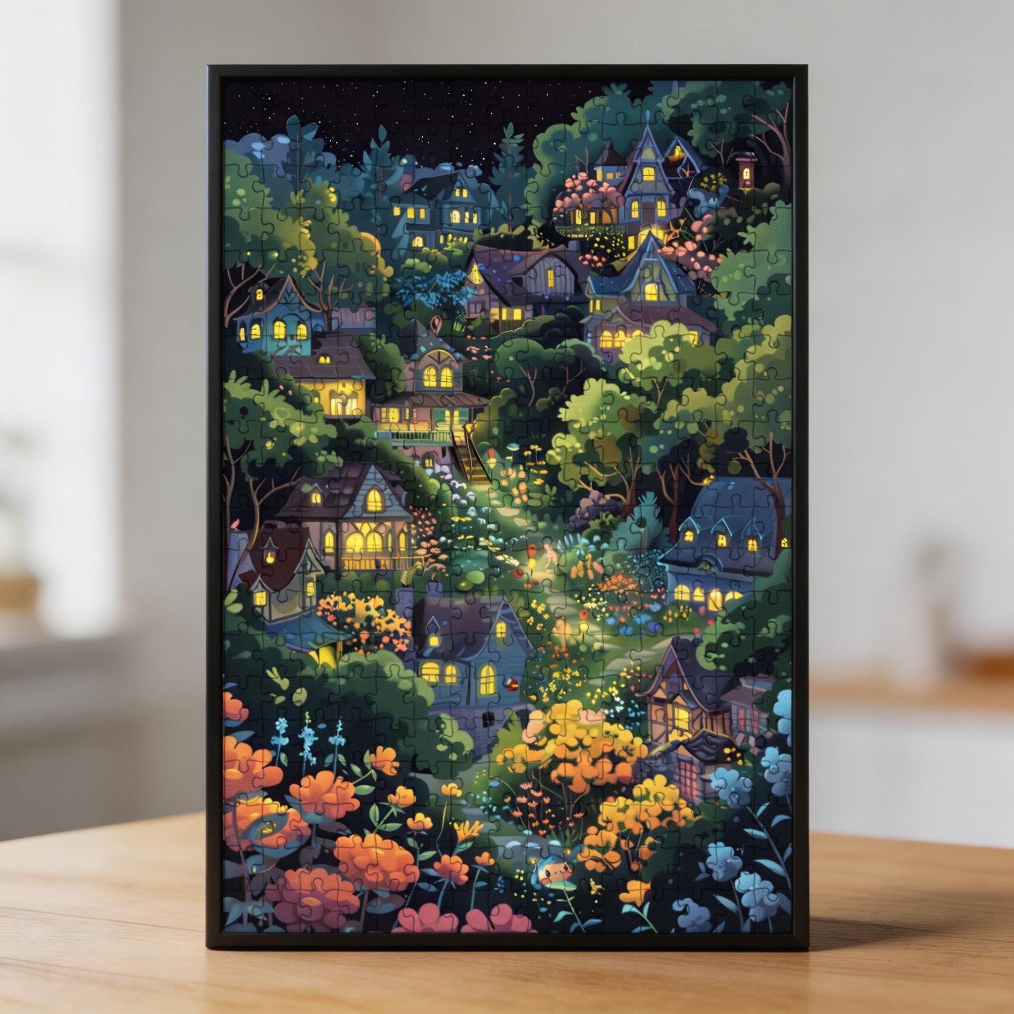 Enchanted Starry Night Village Wooden Jigsaw Puzzle - Whimsical Forest Town Wood Puzzle