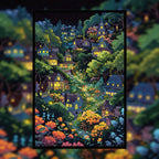 Enchanted Starry Night Village Wooden Jigsaw Puzzle - Whimsical Forest Town Wood Puzzle