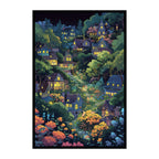 Enchanted Starry Night Village Wooden Jigsaw Puzzle - Whimsical Forest Town Wood Puzzle