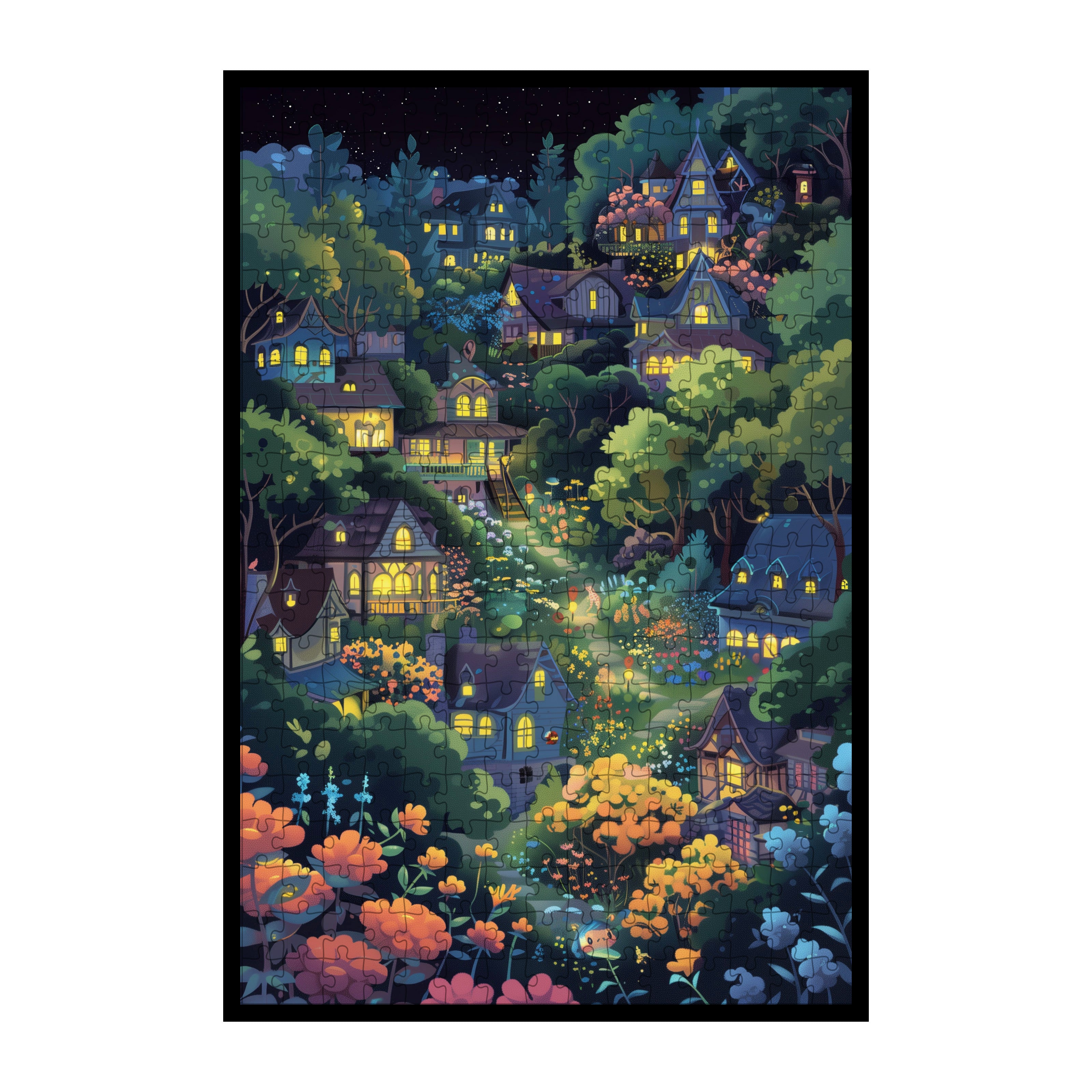 Enchanted Starry Night Village Wooden Jigsaw Puzzle Framed, Whimsical Forest Town Wall Decor