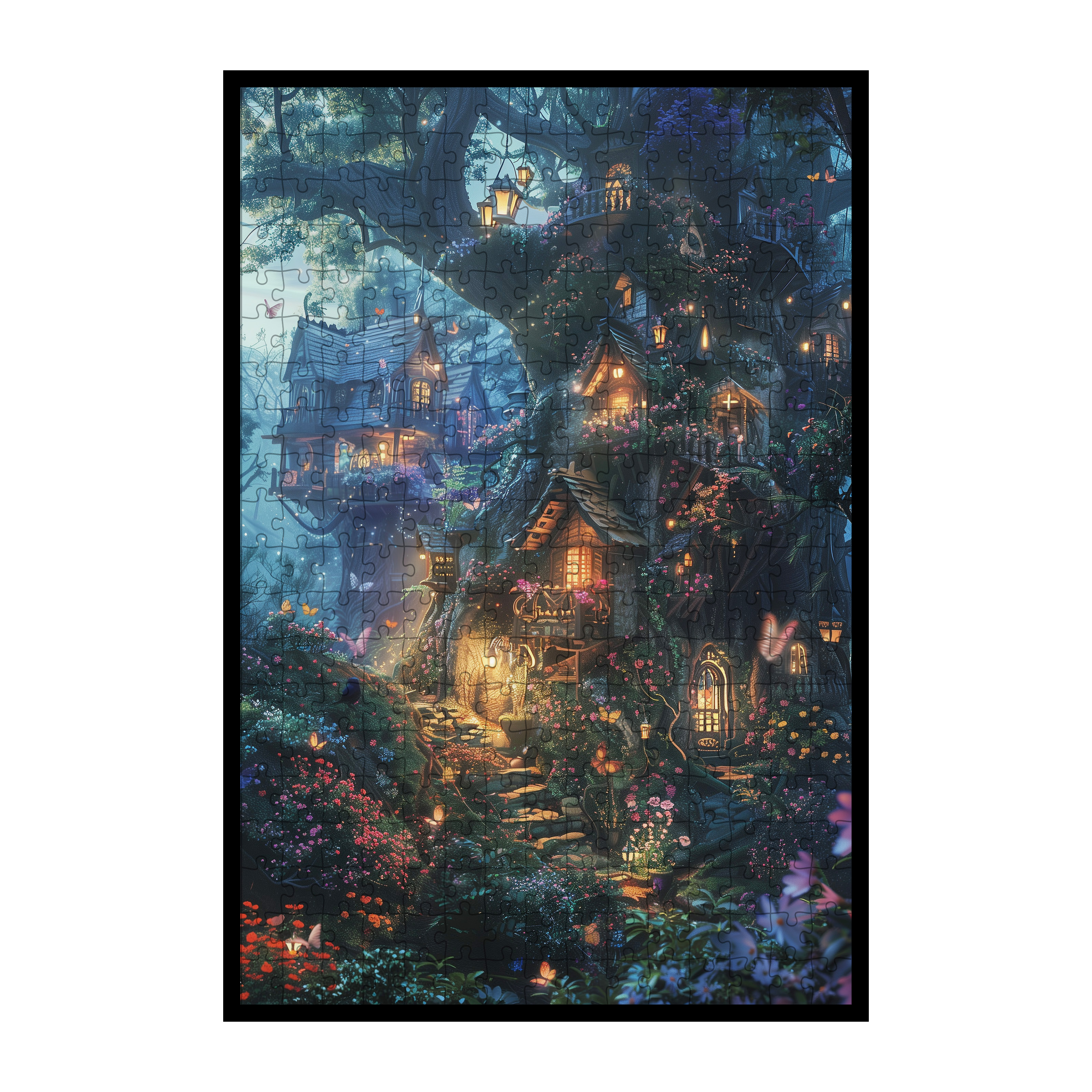Enchanted Treehouse Village Wooden Jigsaw Puzzle - Fantasy Forest Wood Puzzle for Adults