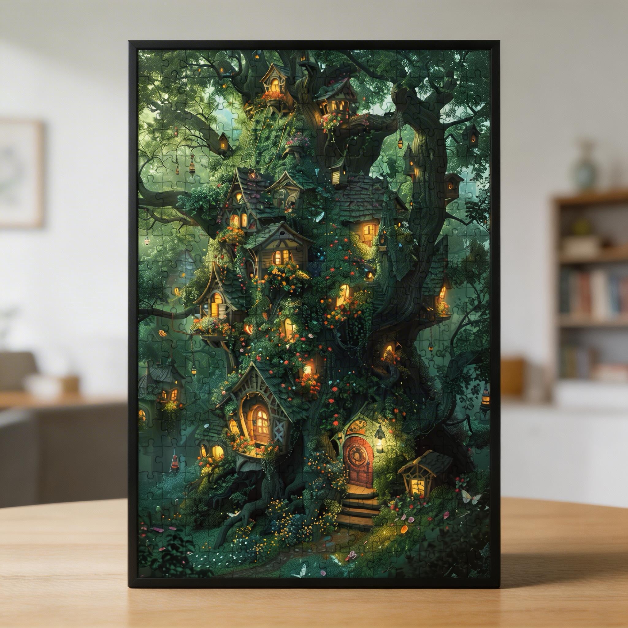 Magical Treehouse Village Shaped Wooden Jigsaw Puzzle - Fairy Tale Forest Wall Art