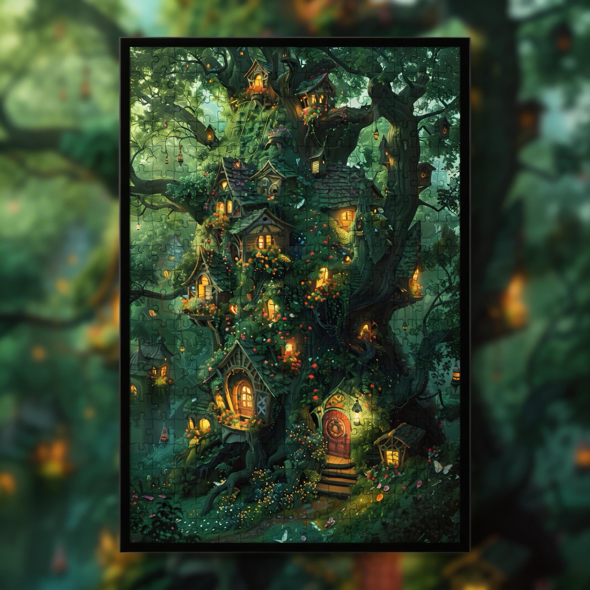 Magical Treehouse Village Shaped Wooden Jigsaw Puzzle - Fairy Tale Forest Wall Art