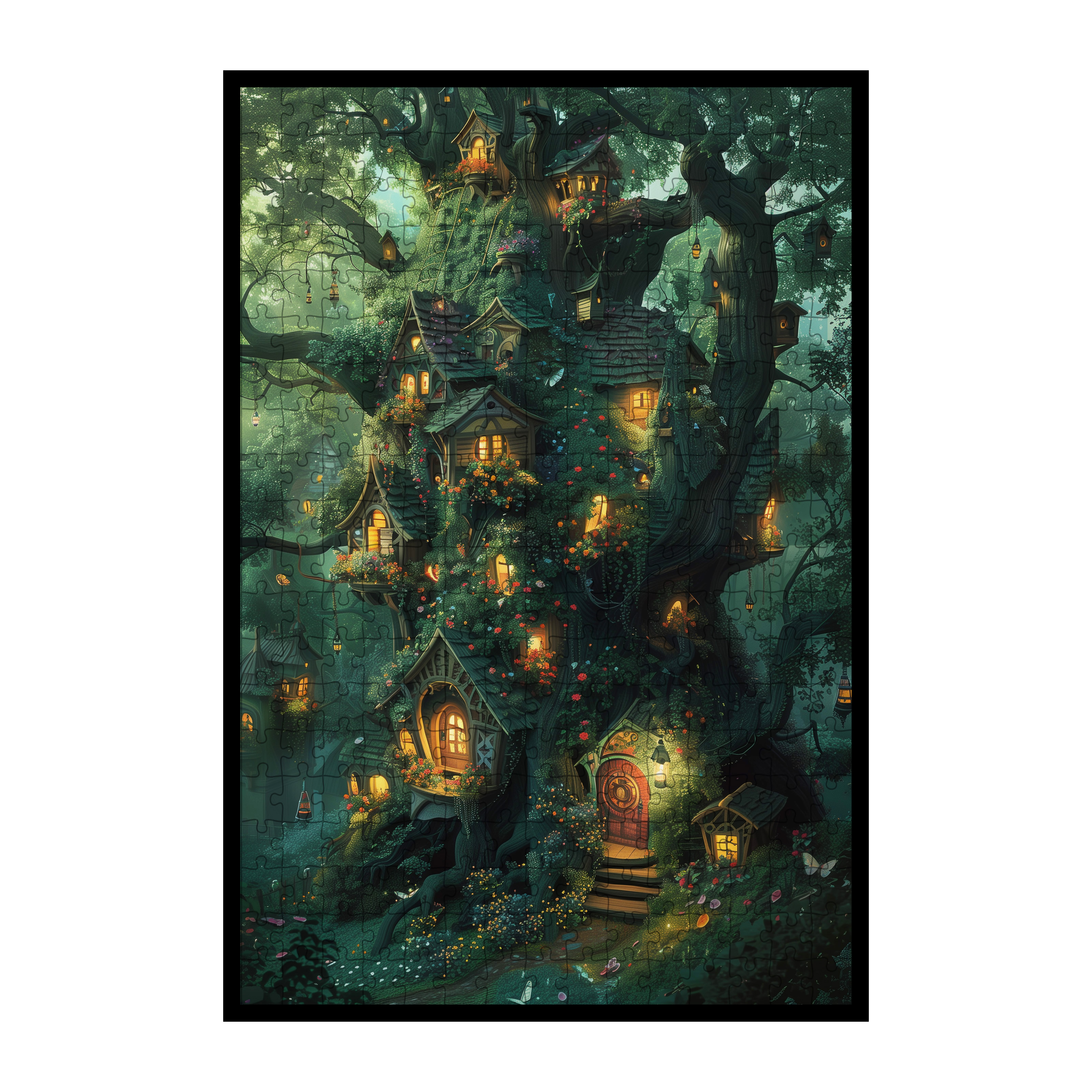 Magical Treehouse Village Shaped Wooden Jigsaw Puzzle - Fairy Tale Forest Wall Art
