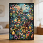 Fairy Tale Cat Town Wooden Jigsaw Puzzle - Framed Glowing Cottage Wood Puzzle for Adults