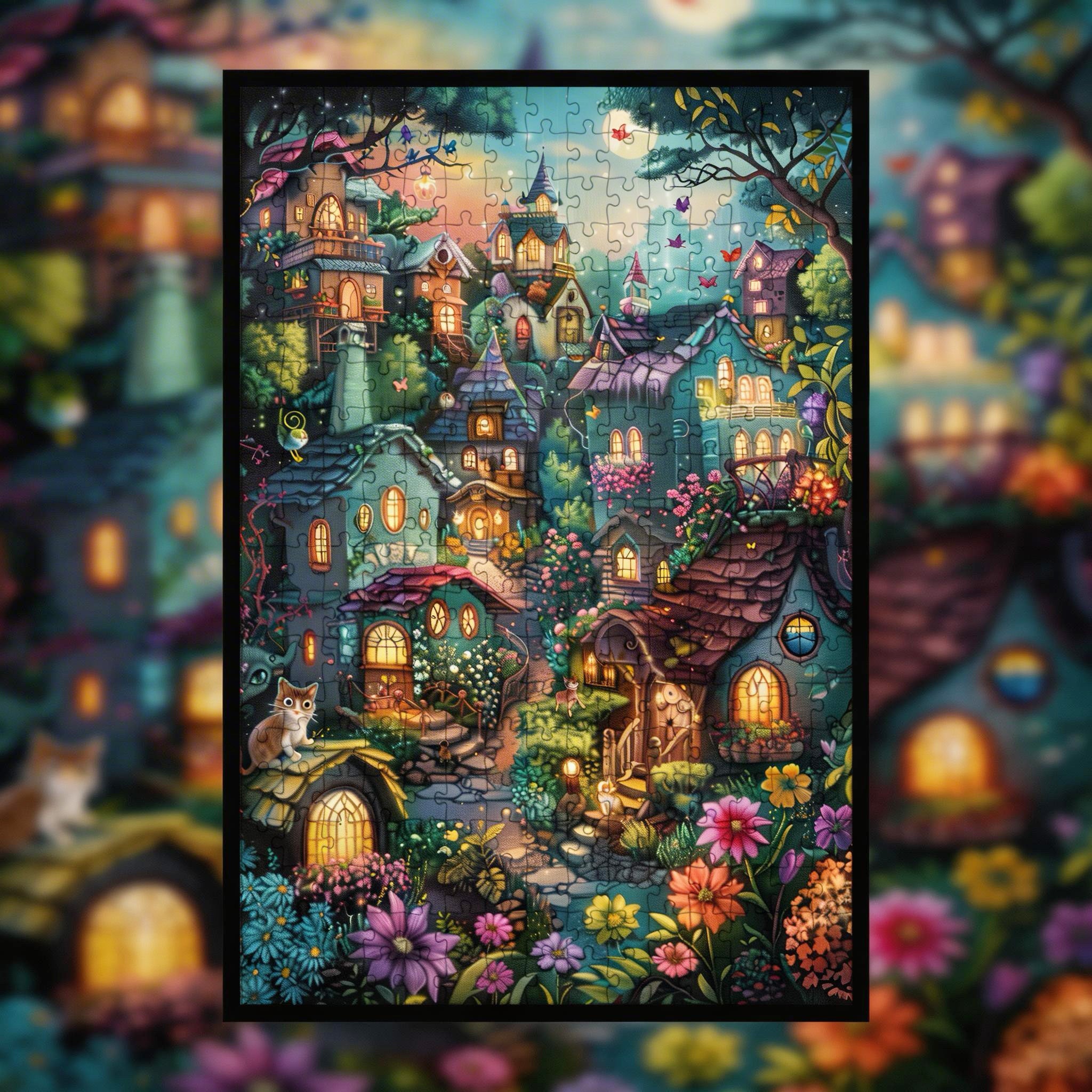 Fairy Tale Cat Town Wooden Jigsaw Puzzle, Framed Glowing Cottage Night Wall Art