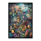 Fairy Tale Cat Town Wooden Jigsaw Puzzle, Framed Glowing Cottage Night Wall Art