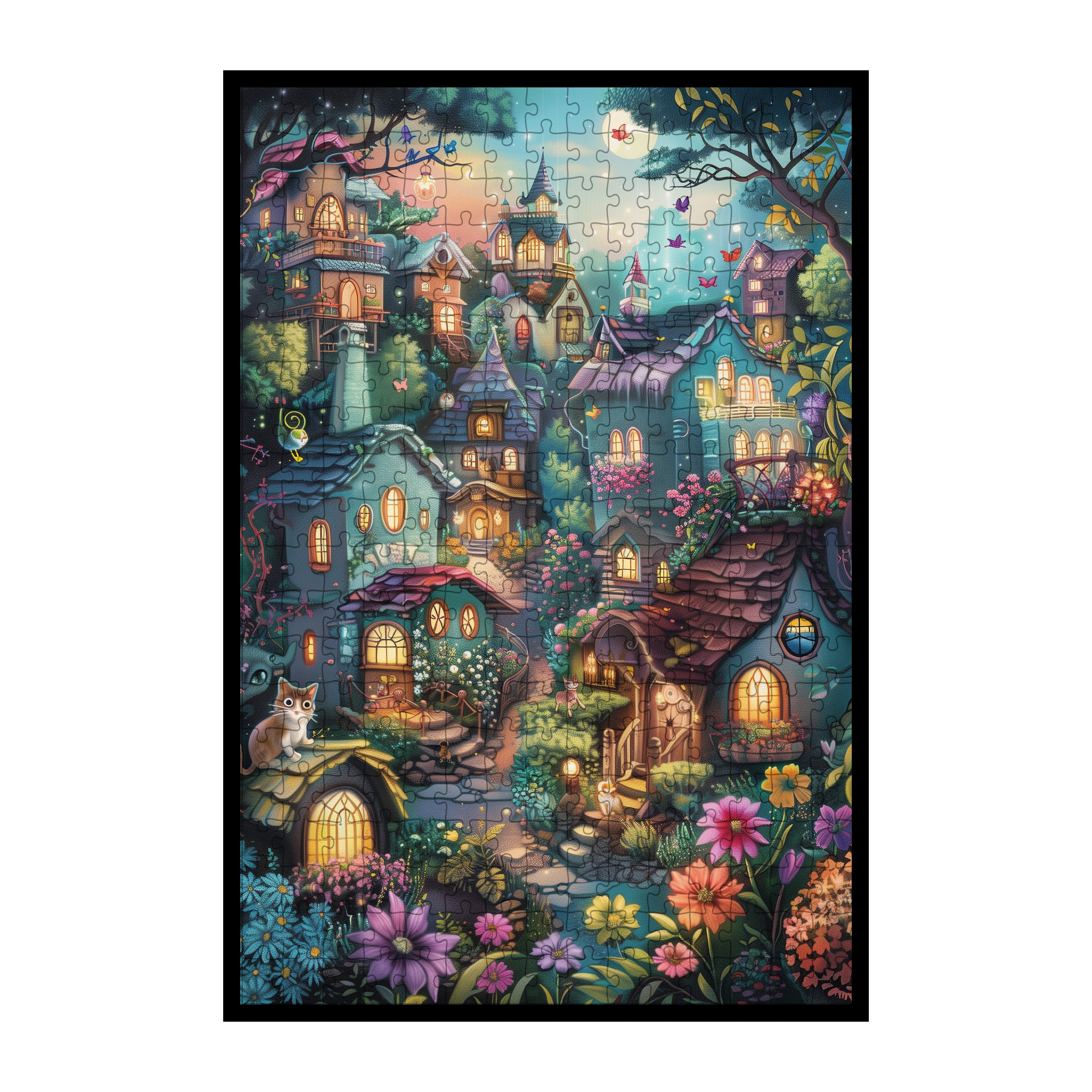 Fairy Tale Cat Town Wooden Jigsaw Puzzle, Framed Glowing Cottage Night Wall Art