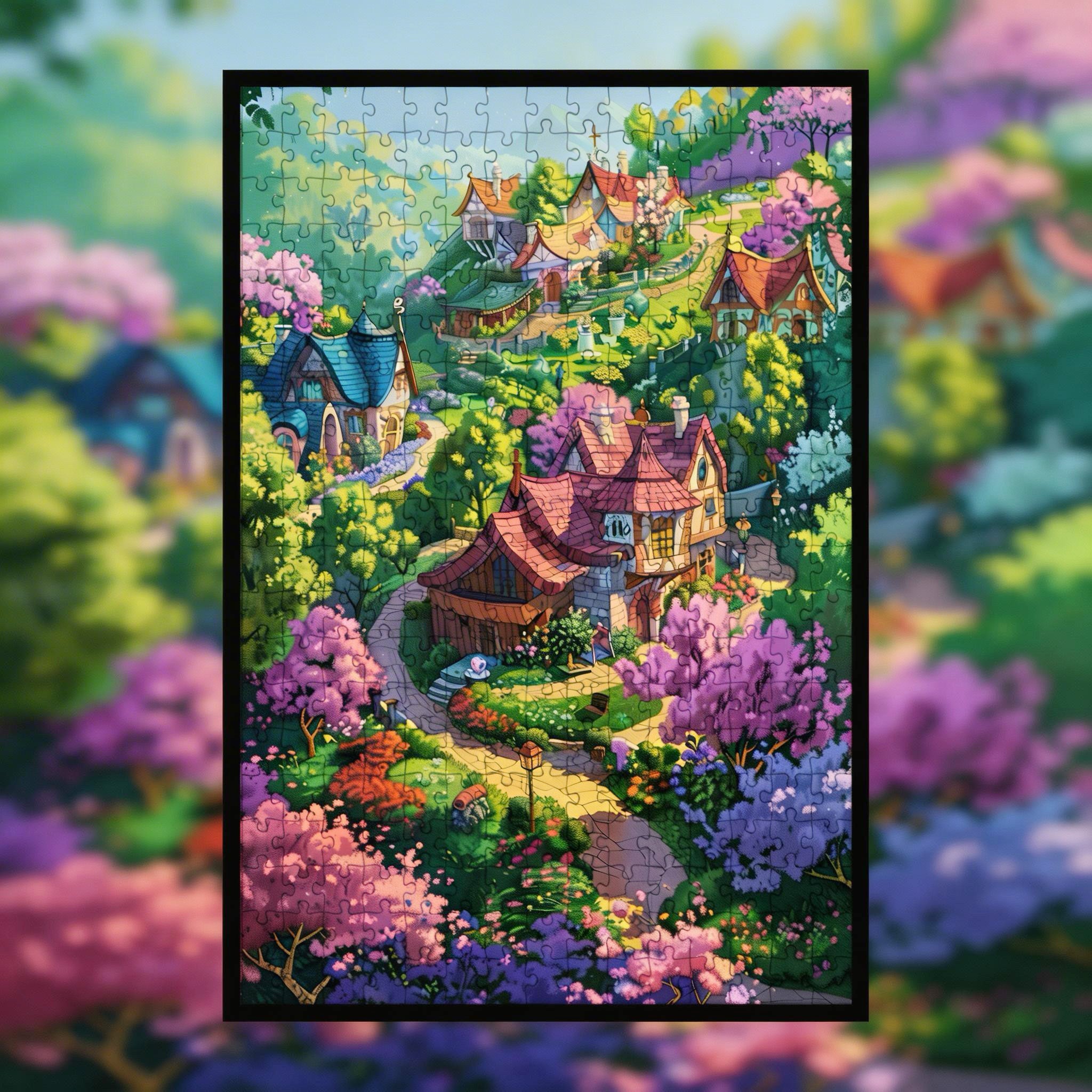 Fairy Tale Mountain Village Wooden Jigsaw Puzzle Framed, Cherry Blossom Cottage Wall Decor
