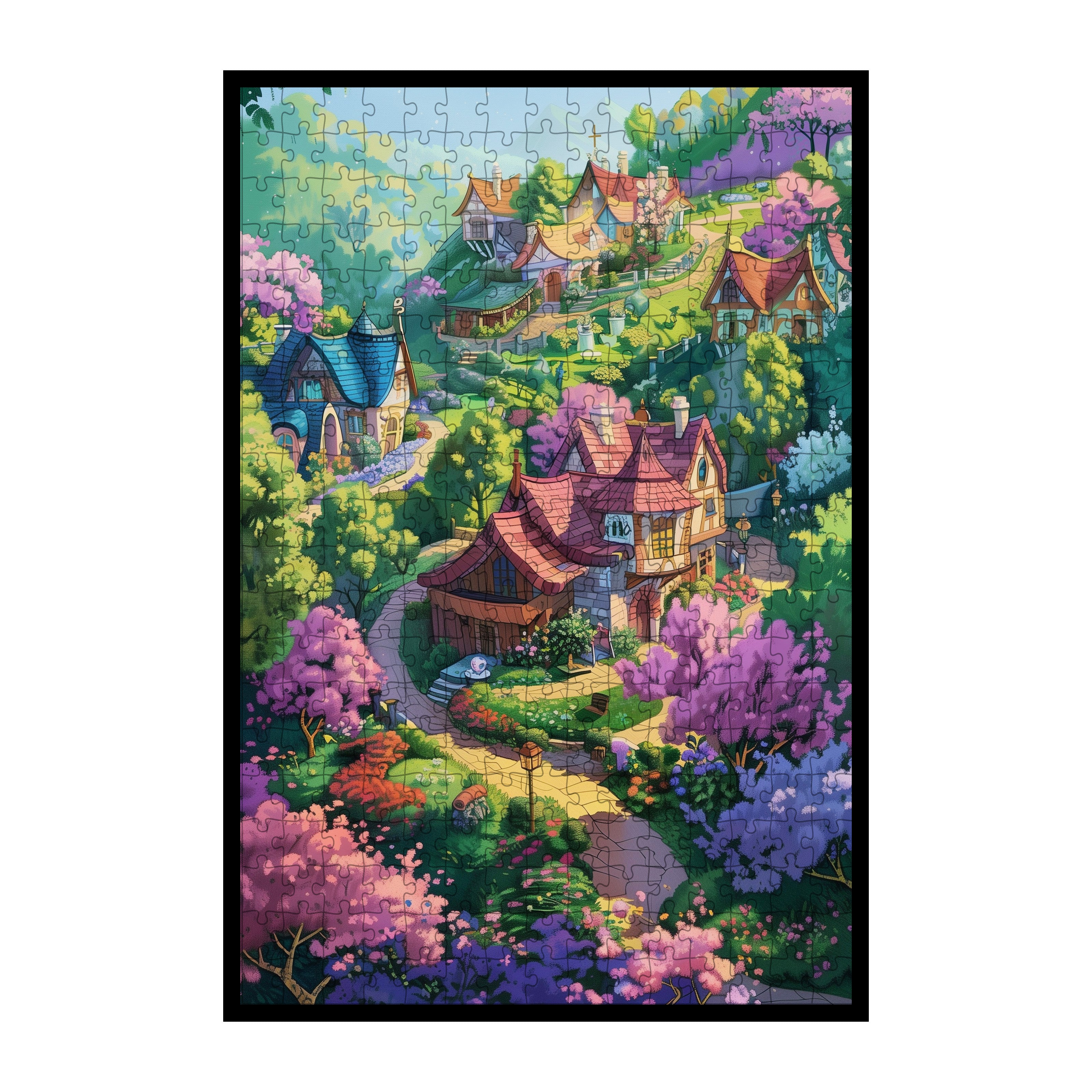 Fairy Tale Mountain Village Wooden Jigsaw Puzzle Framed, Cherry Blossom Cottage Wall Decor