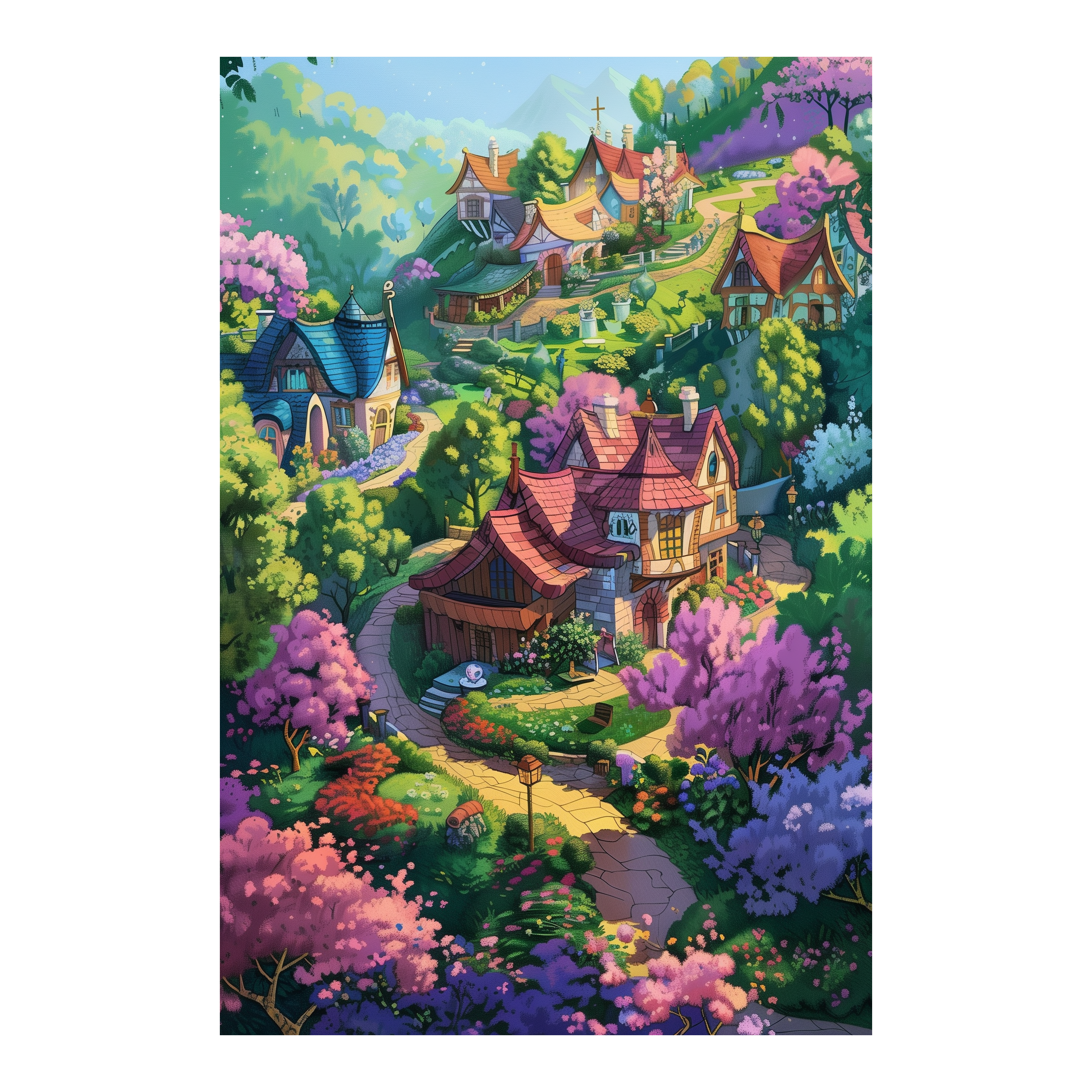 Fairy Tale Mountain Village Wooden Jigsaw Puzzle Framed, Cherry Blossom Cottage Wall Decor