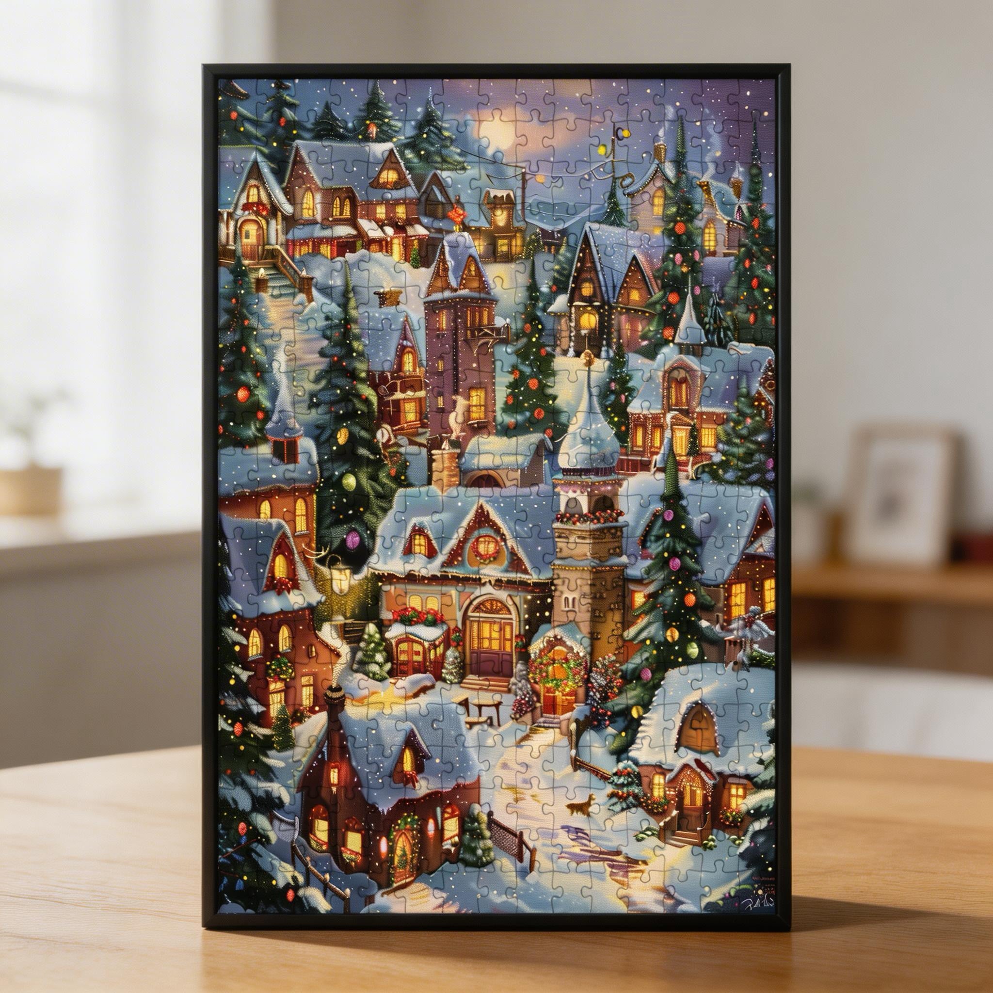 Fairy Tale Winter Town Wooden Jigsaw Puzzle - Christmas Village Wood Puzzle for Adults