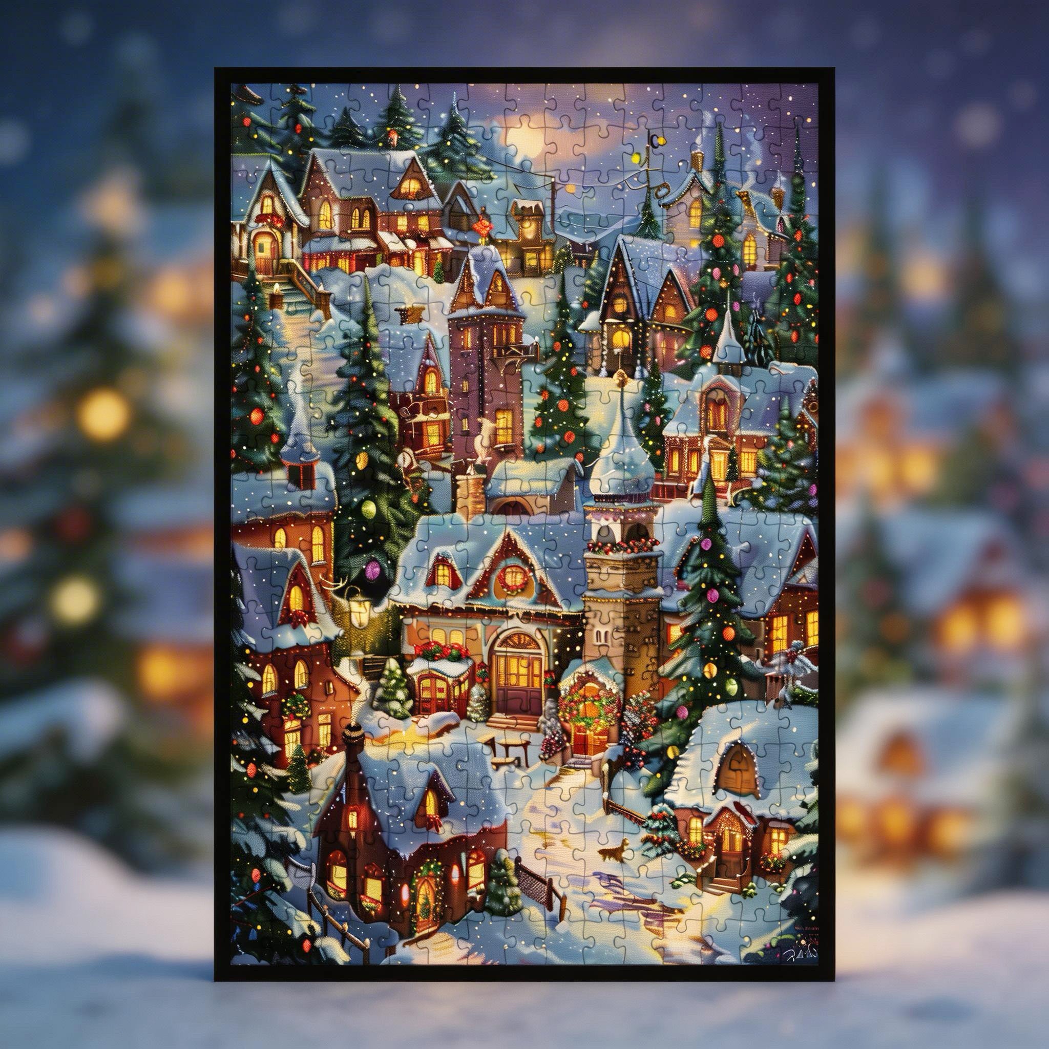 Fairy Tale Winter Town Wooden Jigsaw Puzzle, Framed Christmas Village Wall Art