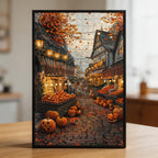 Festive Fall Harvest Village Wooden Jigsaw Puzzle - Thanksgiving Pumpkin Decor Wood Puzzle