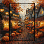 Festive Fall Harvest Village Wooden Jigsaw Puzzle Framed, Thanksgiving Pumpkin Decor