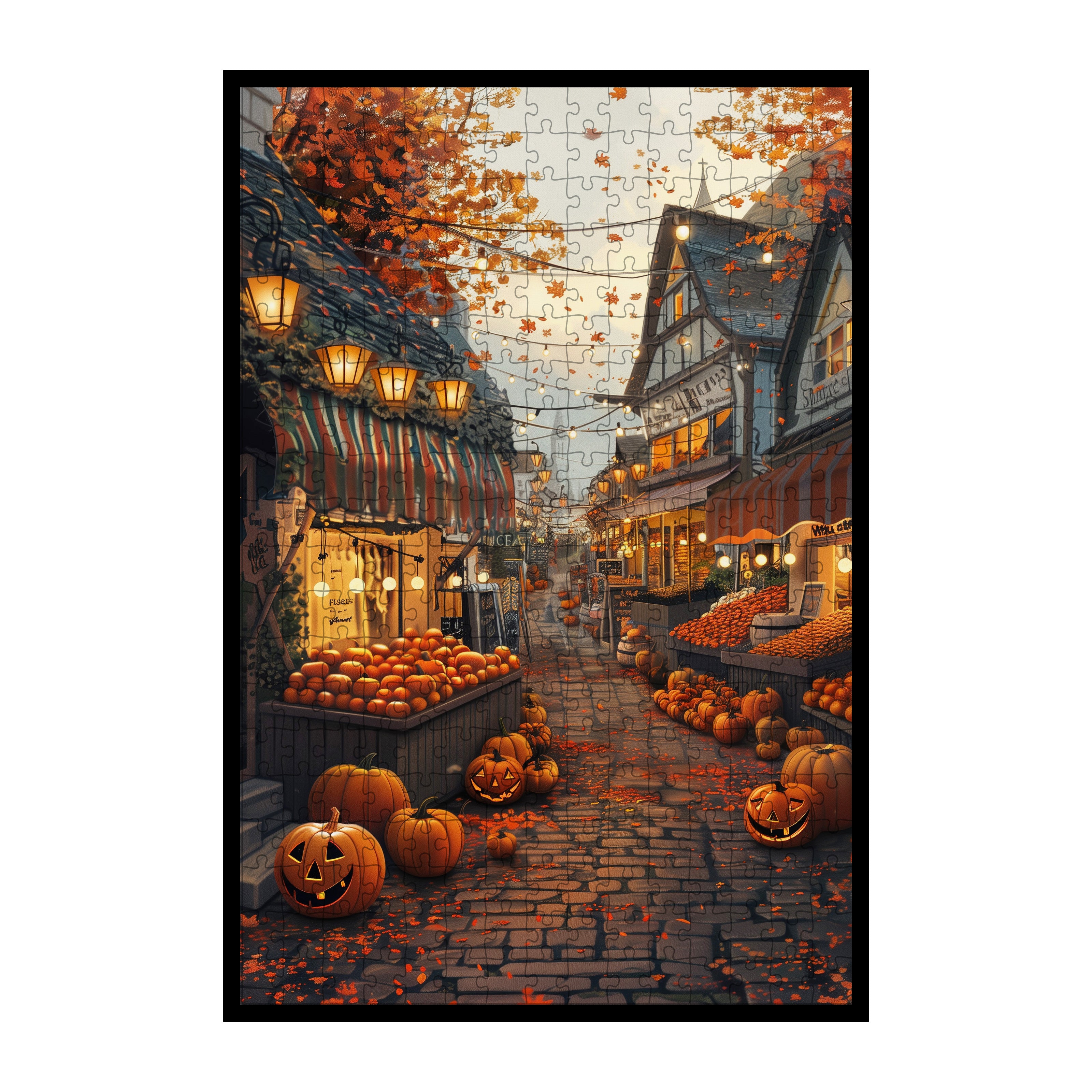 Festive Fall Harvest Village Wooden Jigsaw Puzzle Framed, Thanksgiving Pumpkin Decor