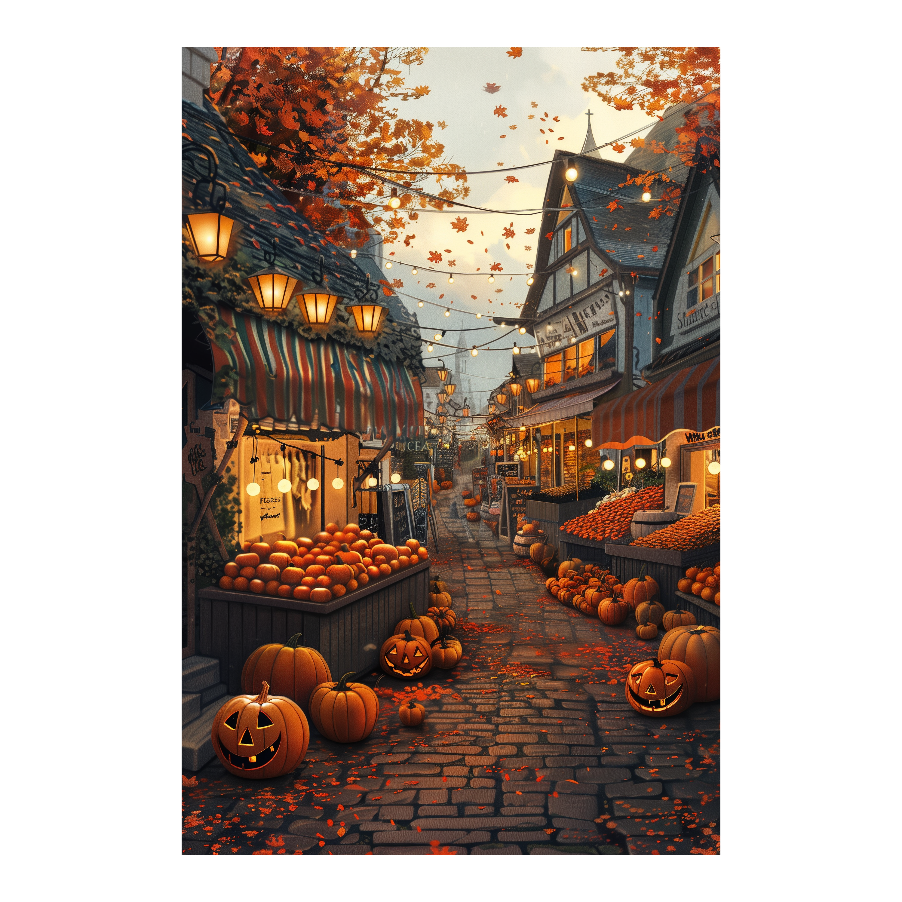 Festive Fall Harvest Village Wooden Jigsaw Puzzle Framed, Thanksgiving Pumpkin Decor