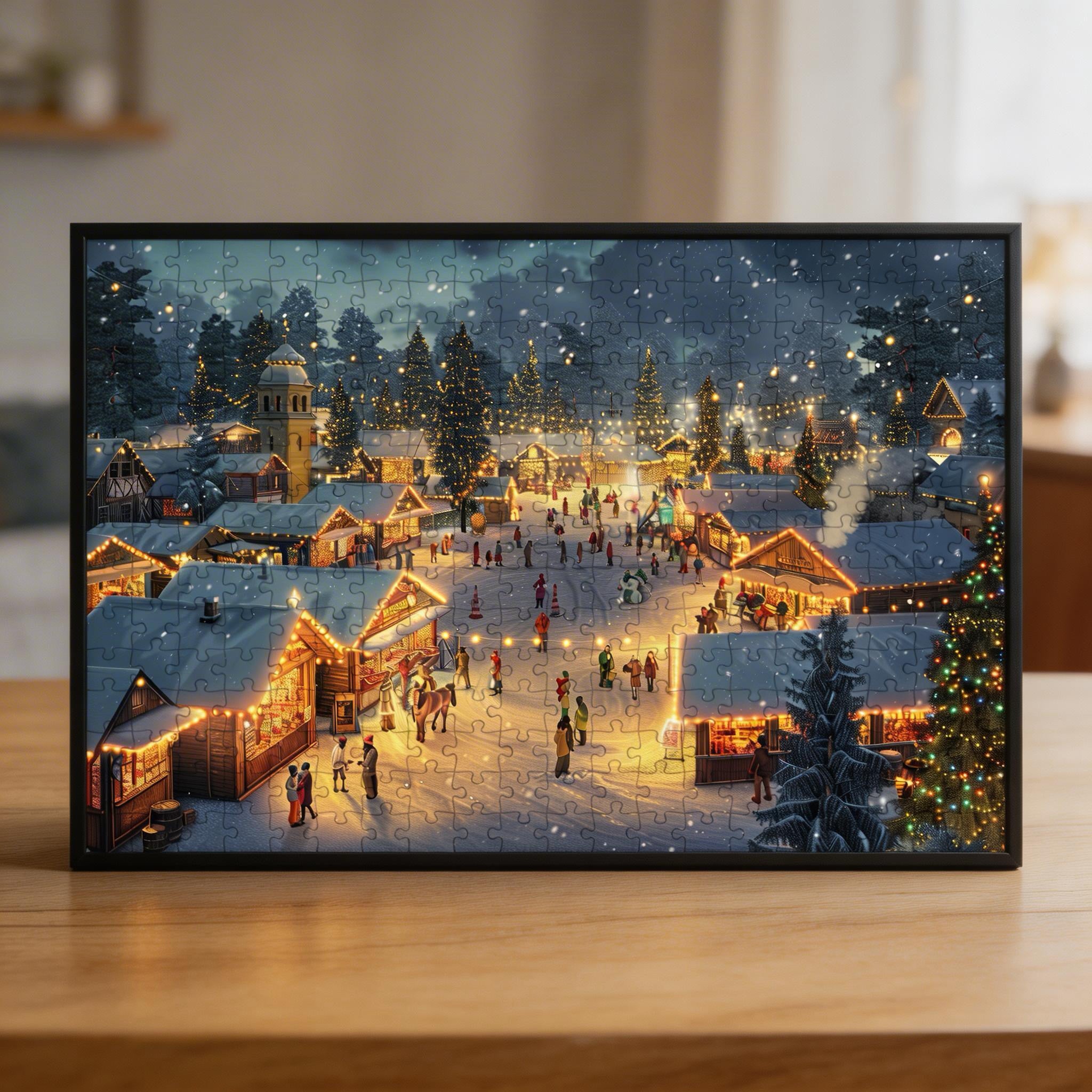 Festive Holiday Village Wooden Jigsaw Puzzle - Christmas Lights Wood Puzzle for Adults