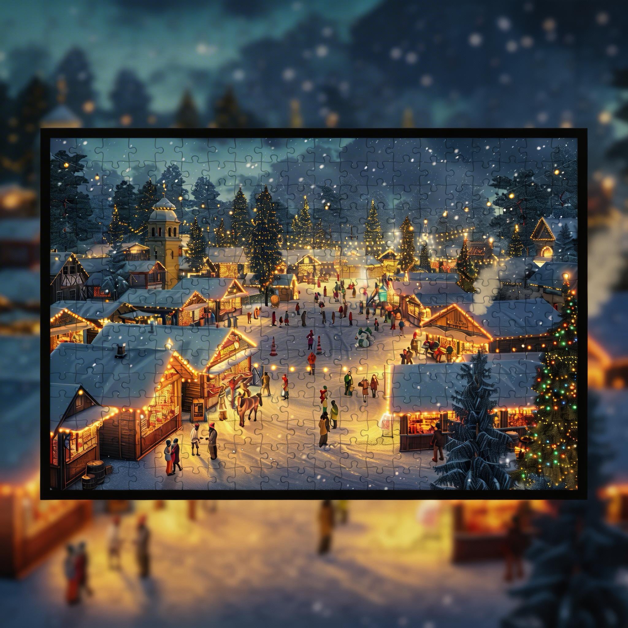 Festive Holiday Village Wooden Jigsaw Puzzle Framed, Christmas Lights Wall Art