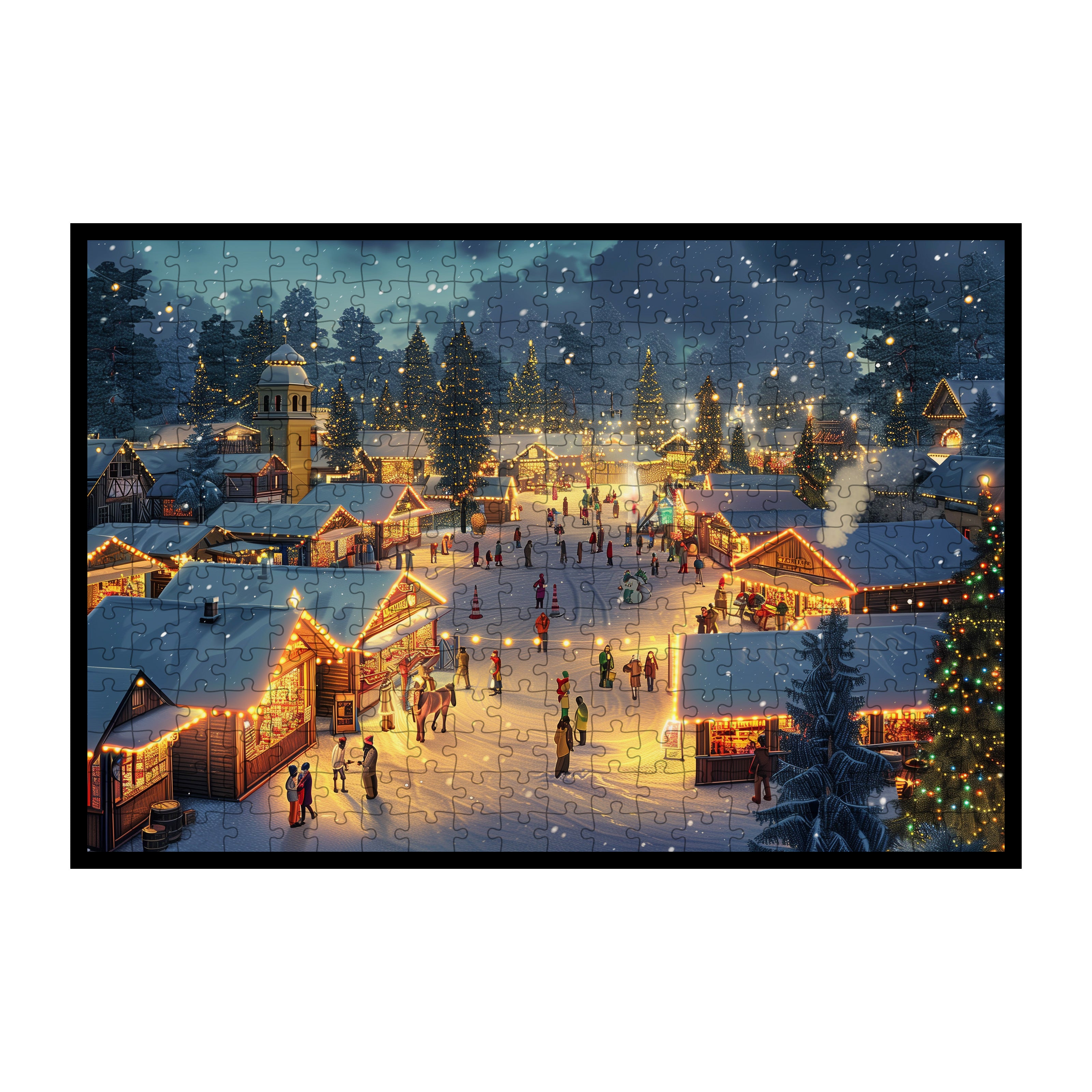 Festive Holiday Village Wooden Jigsaw Puzzle Framed, Christmas Lights Wall Art