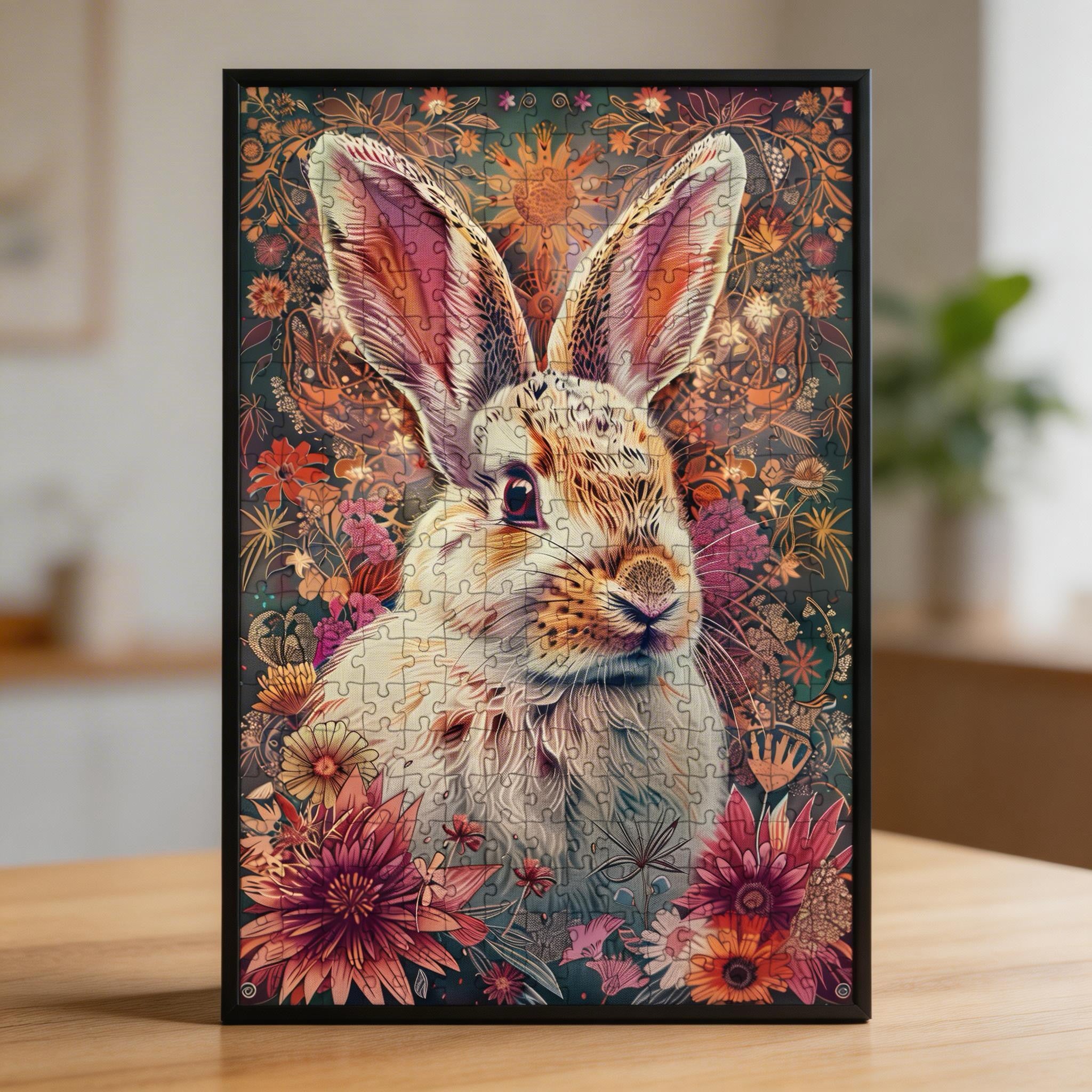 Floral Rabbit Mandala Wooden Jigsaw Puzzle - Enchanting Nature-Inspired Animal Shaped Wood Puzzle