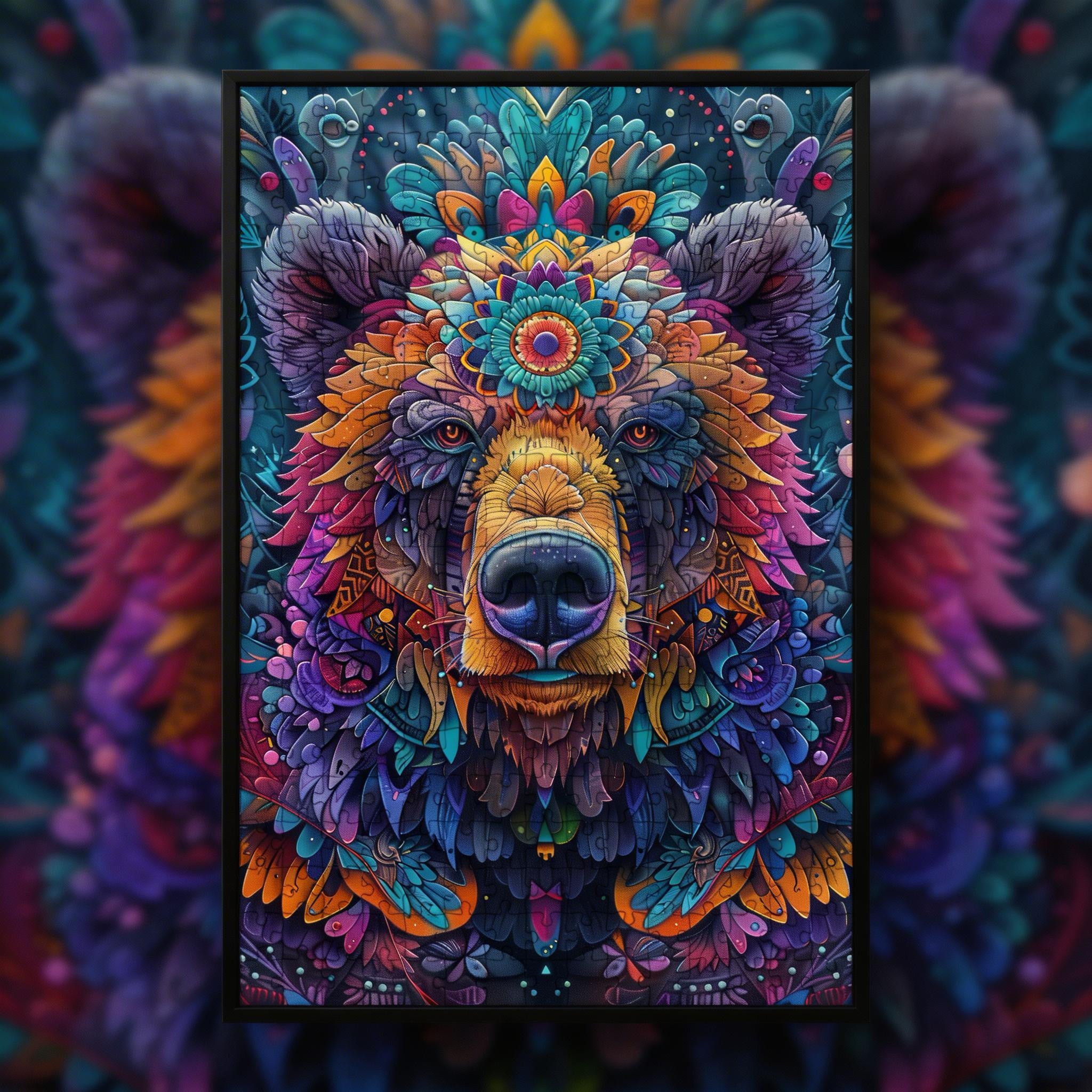 Forest Bear Mandala Wooden Jigsaw Puzzle - Powerful Animal Shaped Wood Puzzle - Nature-Inspired Artistic Gift