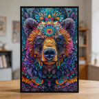 Forest Bear Mandala Wooden Jigsaw Puzzle - Powerful Animal Shaped Wood Puzzle - Nature-Inspired Artistic Gift