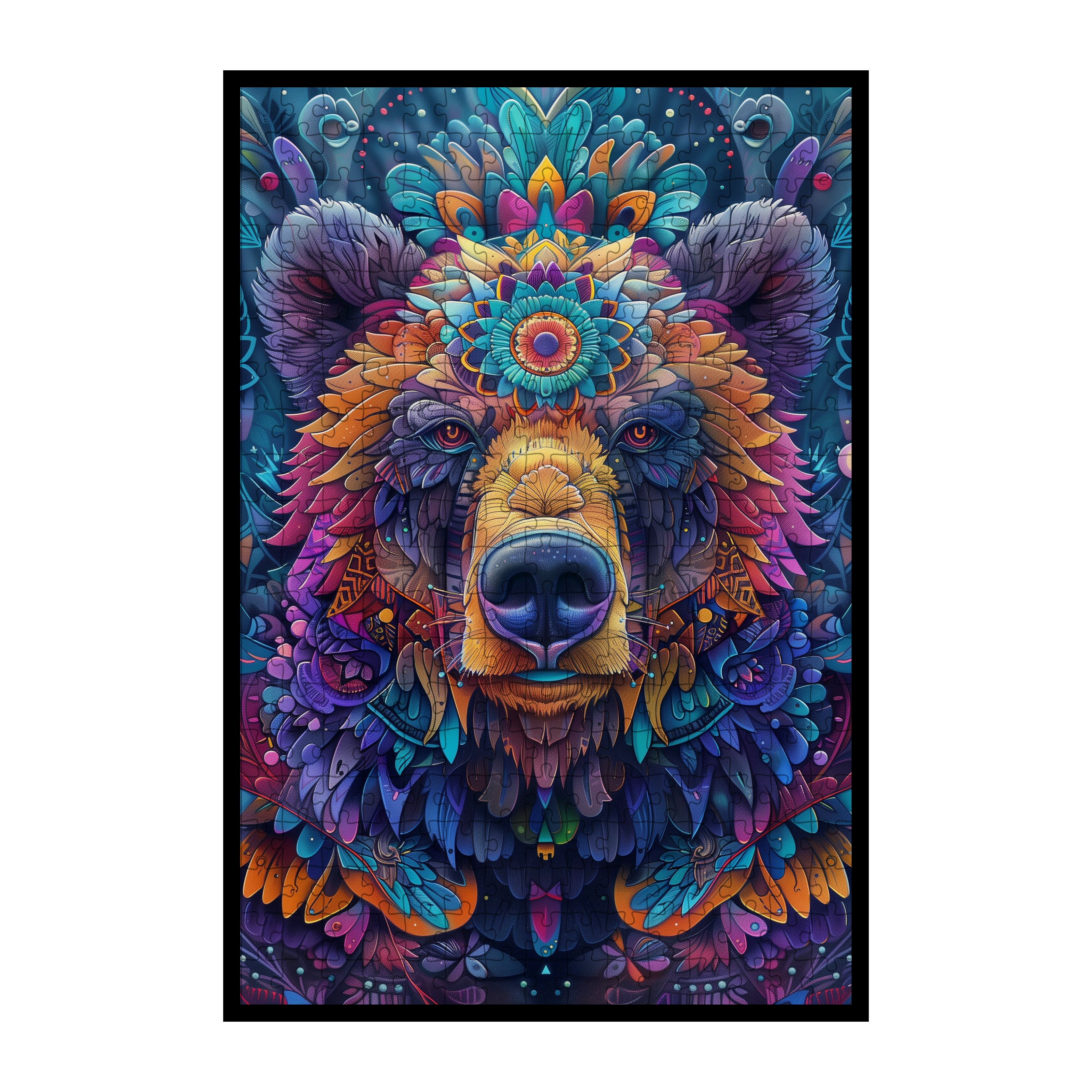 Forest Bear Mandala Wooden Jigsaw Puzzle - Powerful Animal Shaped Wood Puzzle - Nature-Inspired Artistic Gift