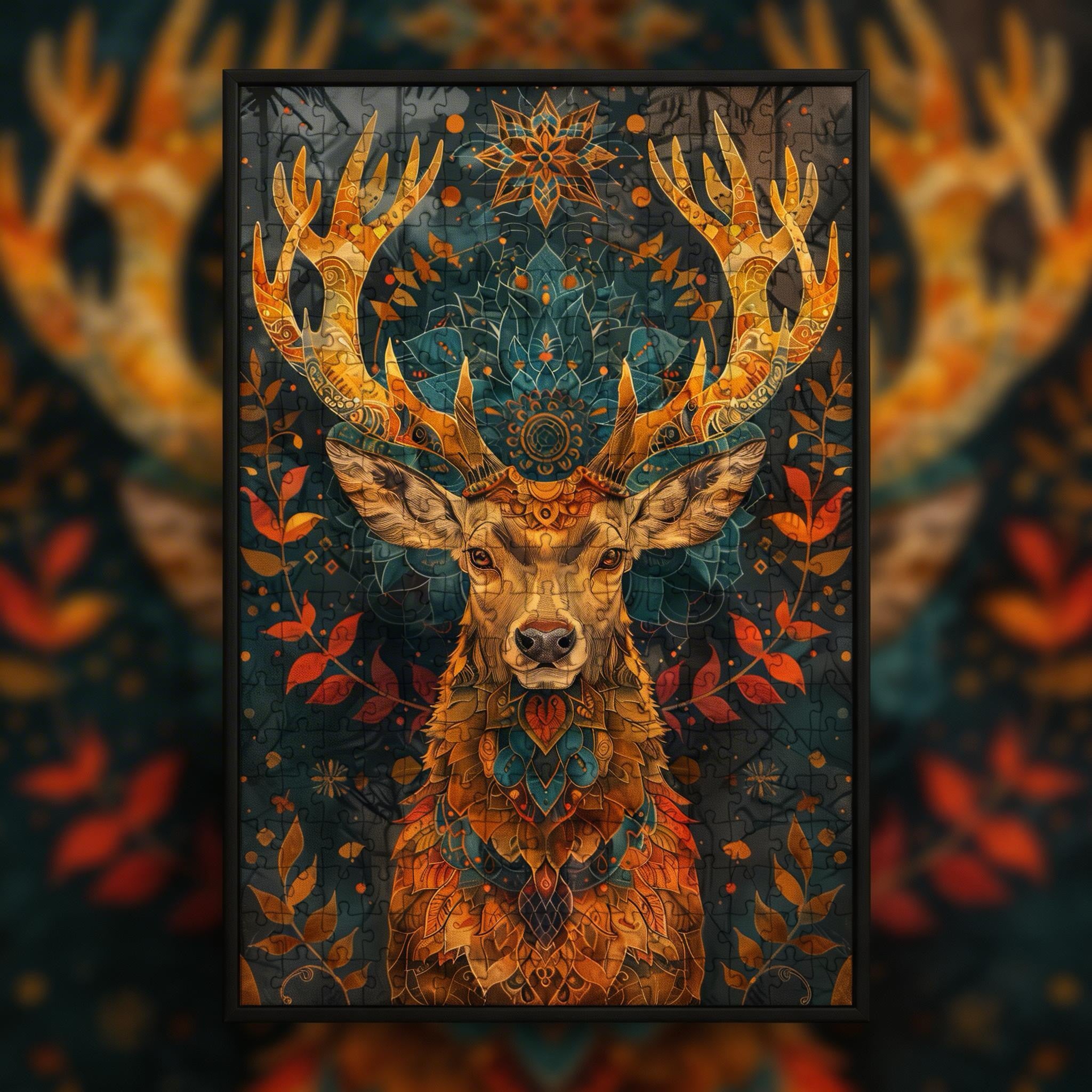 Forest Deer Mandala Wooden Jigsaw Puzzle - Elegant Antlered Animal Shaped Wood Puzzle - Nature Wall Art