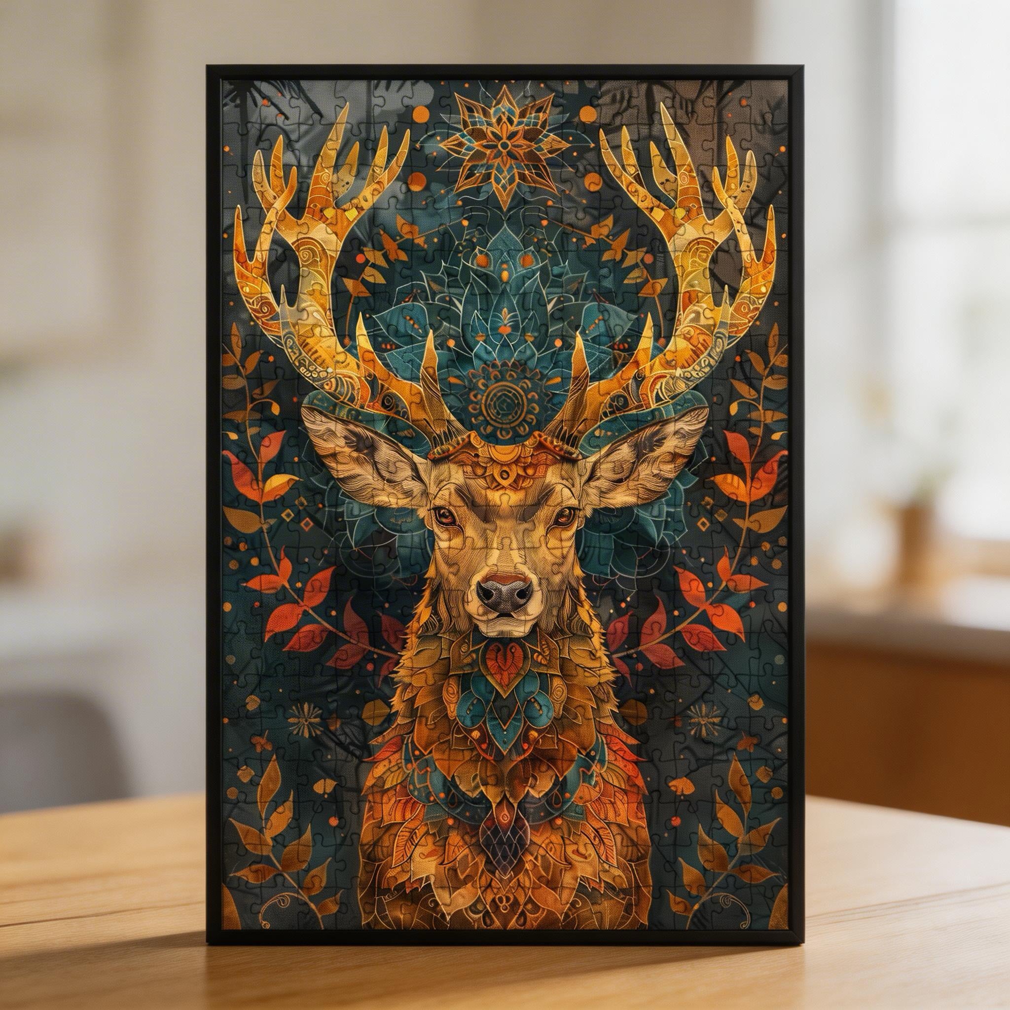 Forest Deer Mandala Wooden Jigsaw Puzzle - Elegant Antlered Animal Shaped Wood Puzzle - Nature Wall Art