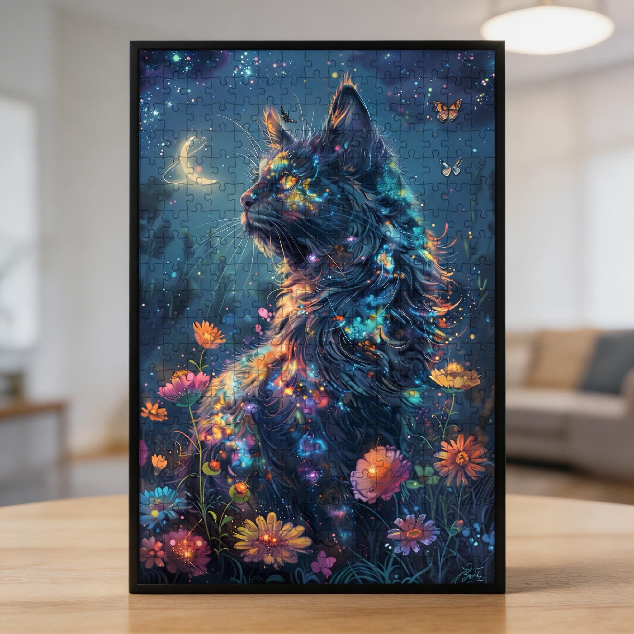 Galaxy Cat Shaped Wooden Jigsaw Puzzle - Colorful Fantasy Wood Puzzle for Adults
