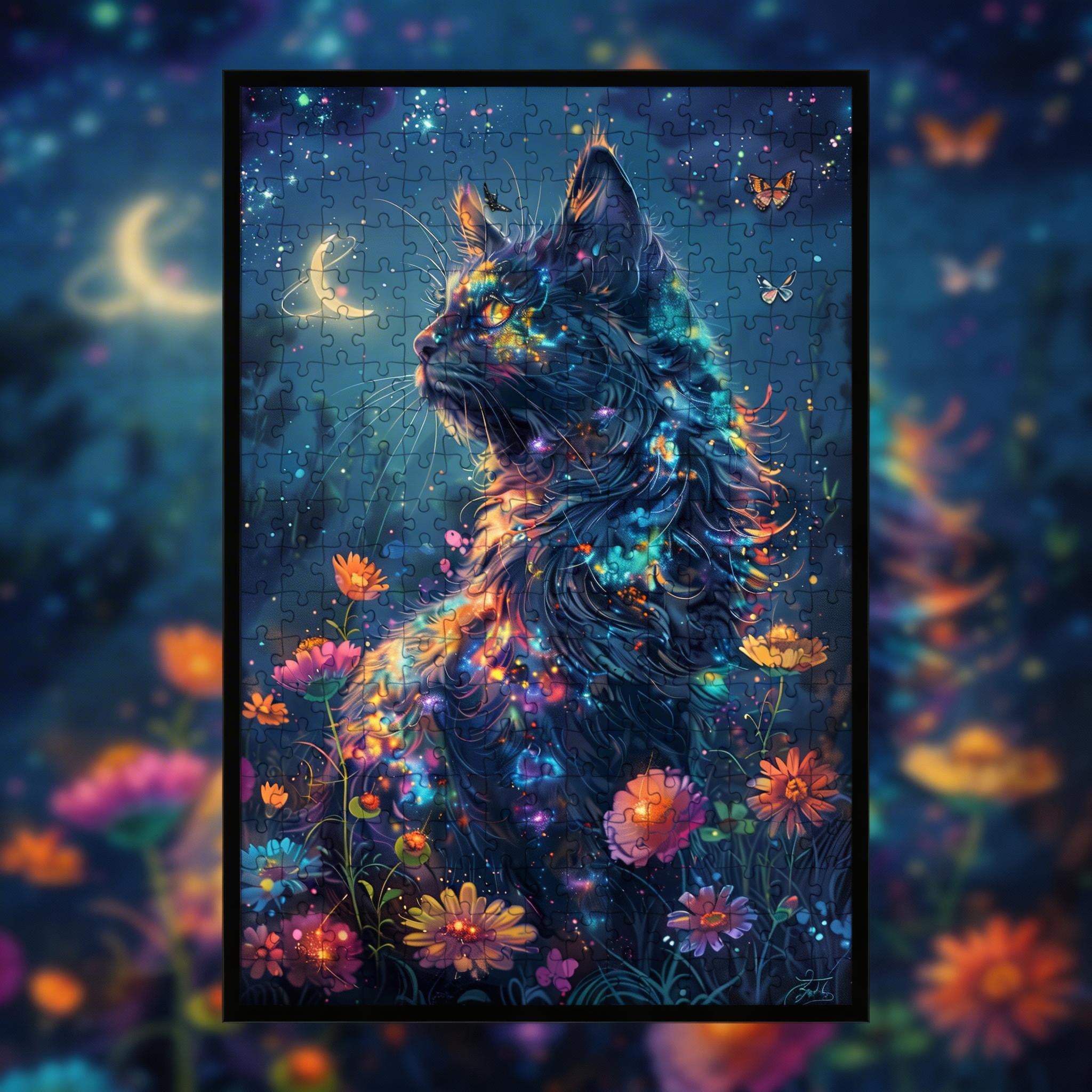 Galaxy Cat Shaped Wooden Jigsaw Puzzle - Colorful Fantasy Wood Puzzle for Adults