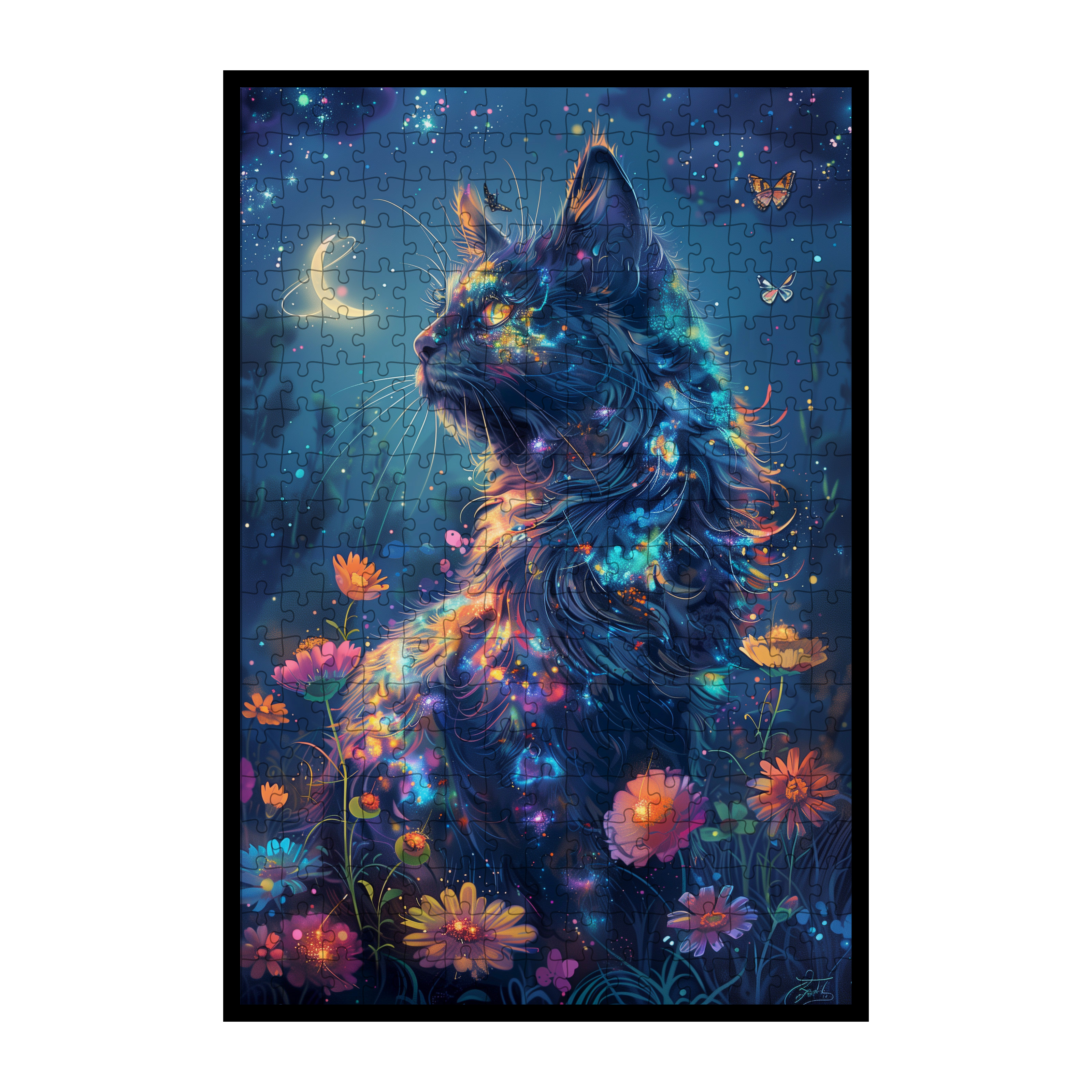 Galaxy Cat Shaped Wooden Jigsaw Puzzle - Colorful Fantasy Wood Puzzle for Adults