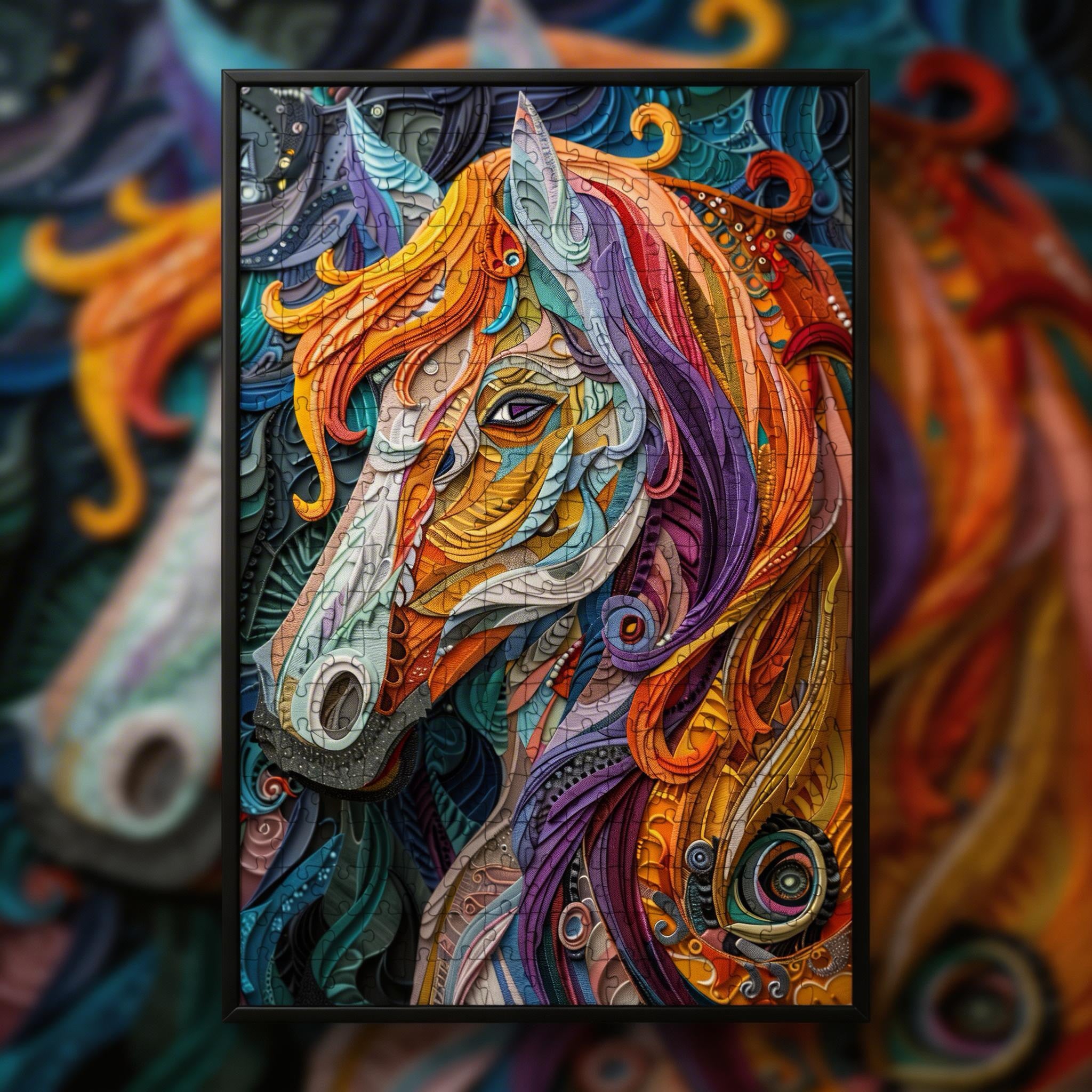 Galloping Horse Mandala Wooden Jigsaw Puzzle - Spirited Animal Shaped Wood Puzzle - Unique Artistic Gift
