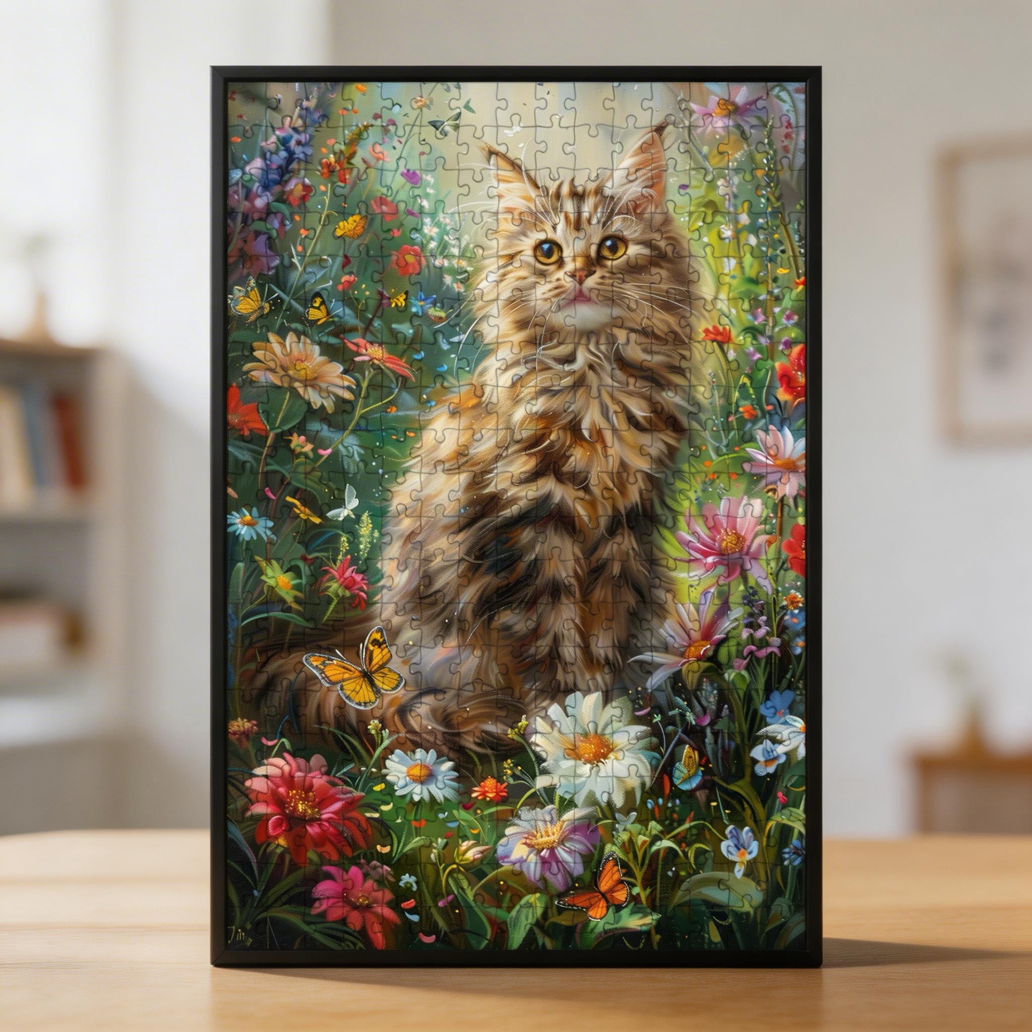 Garden Tabby Cat Shaped Wooden Jigsaw Puzzle - Floral Pet Wood Puzzle for Adults