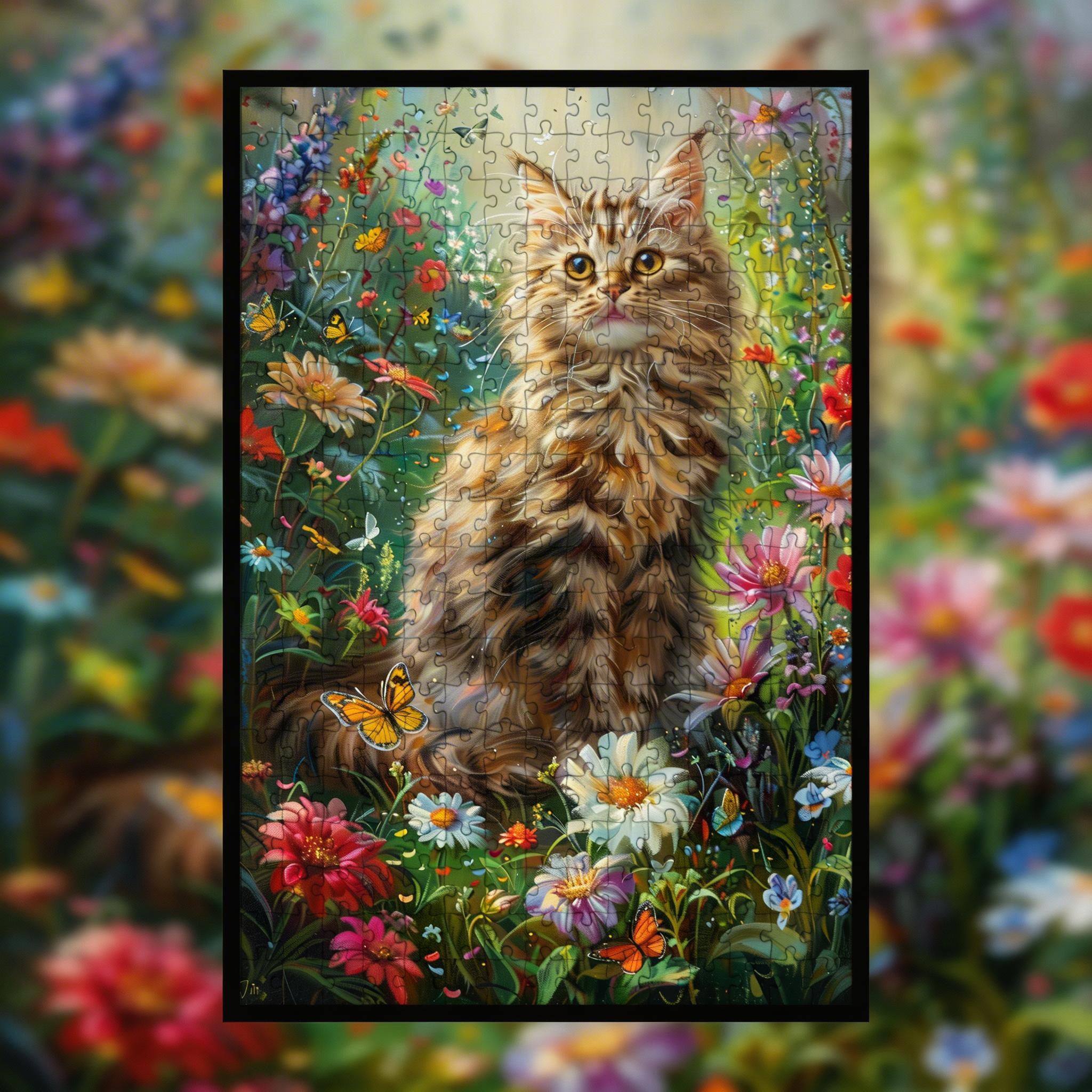 Garden Tabby Cat Shaped Wooden Jigsaw Puzzle - Floral Pet Wood Puzzle for Adults