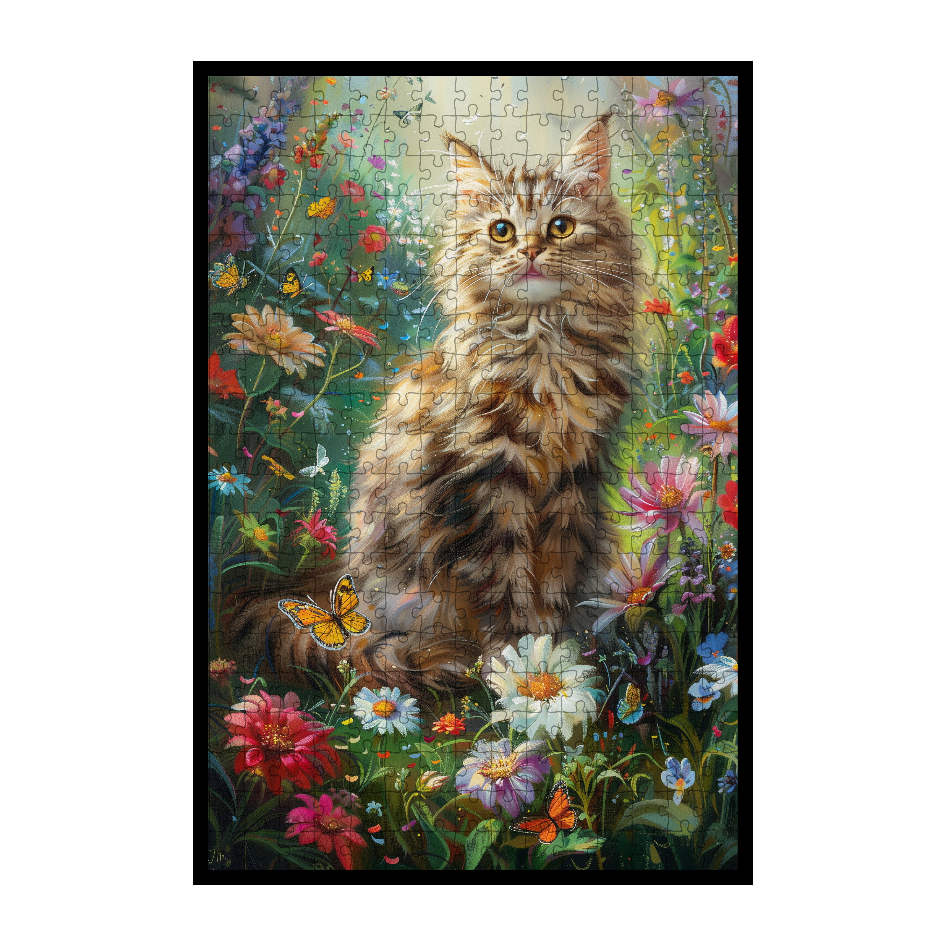 Garden Tabby Cat Shaped Wooden Jigsaw Puzzle - Floral Pet Wood Puzzle for Adults