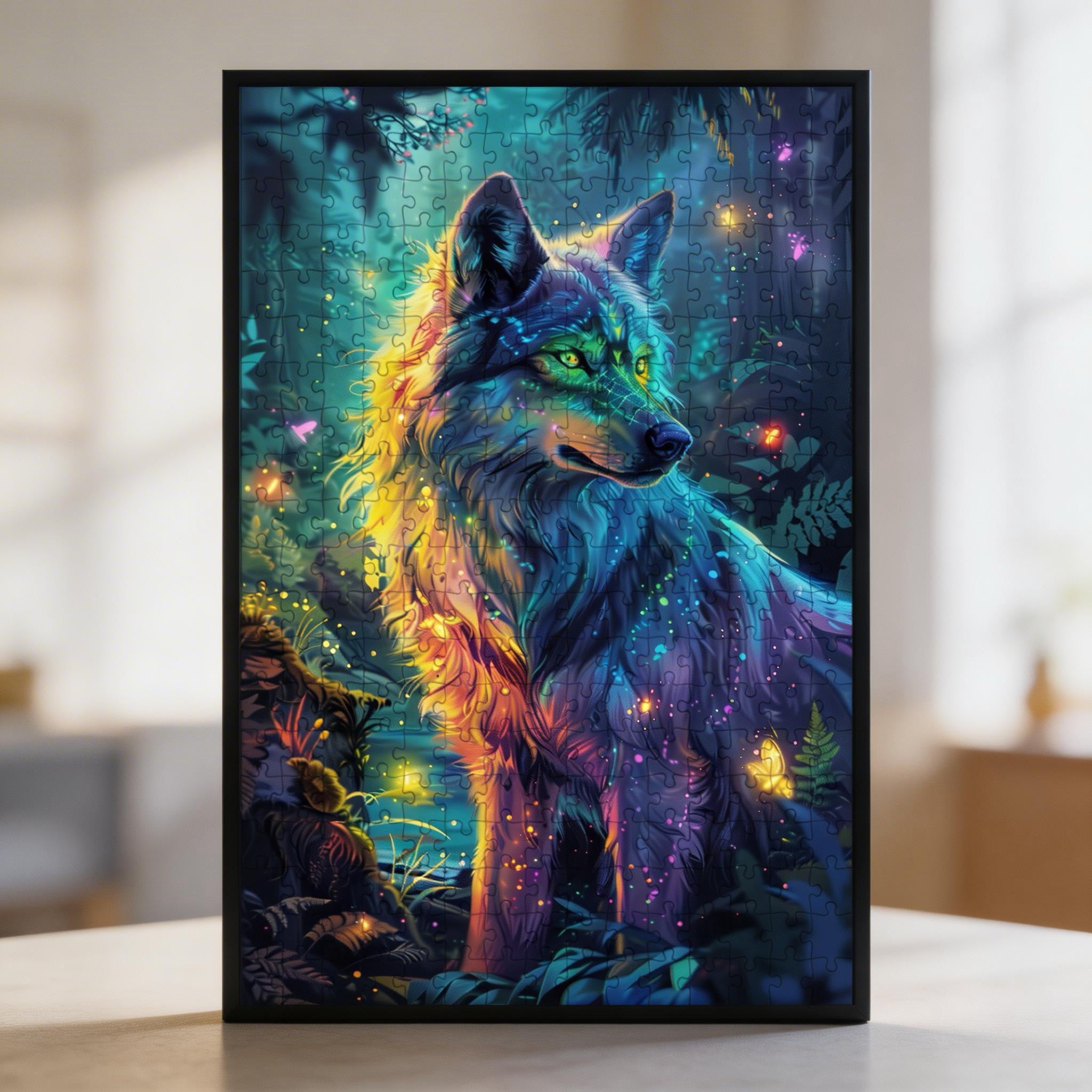 Glowing Forest Wolf Shaped Wooden Jigsaw Puzzle - Mystical Wildlife Wood Puzzle for Adults