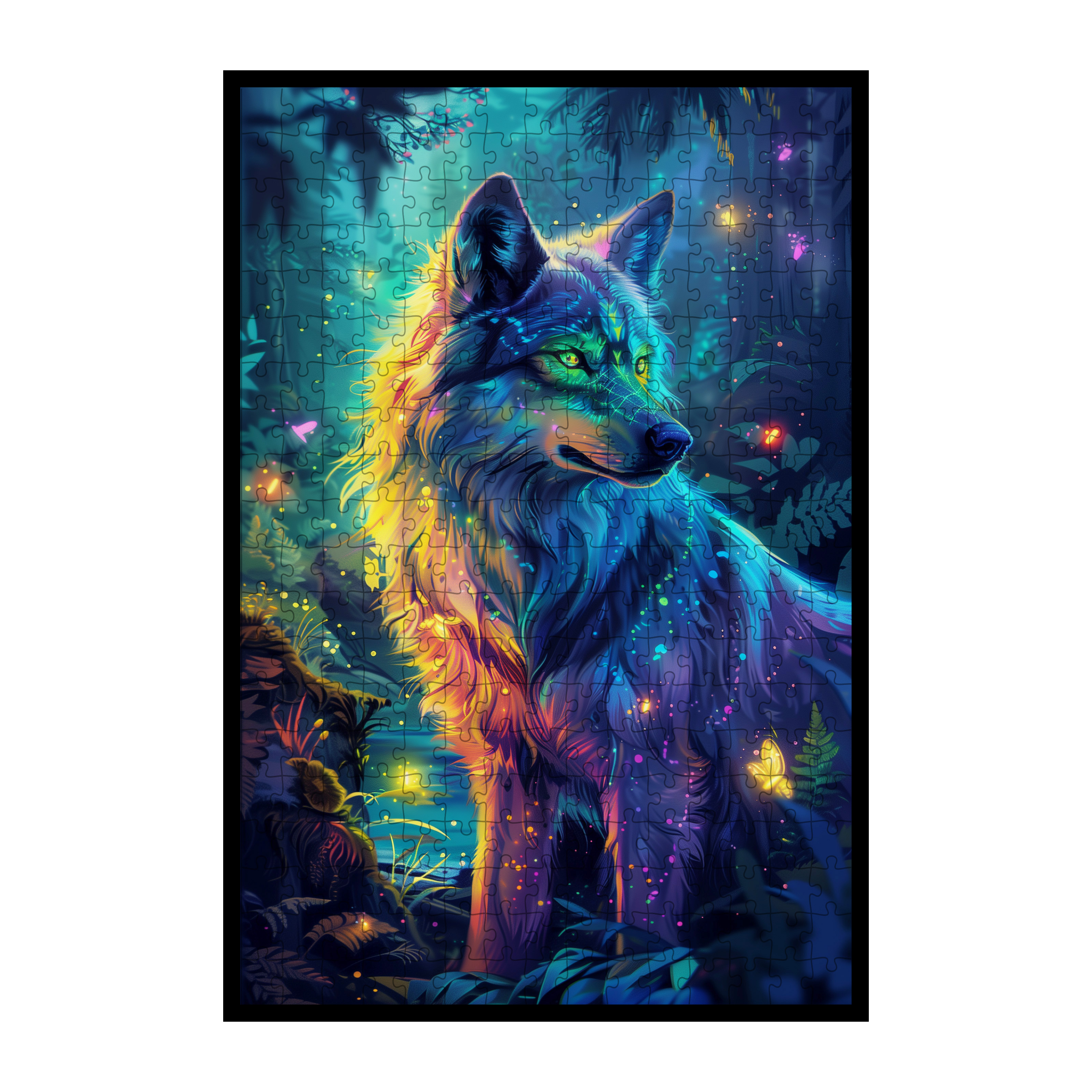Glowing Forest Wolf Shaped Wooden Jigsaw Puzzle - Mystical Wildlife Wood Puzzle for Adults