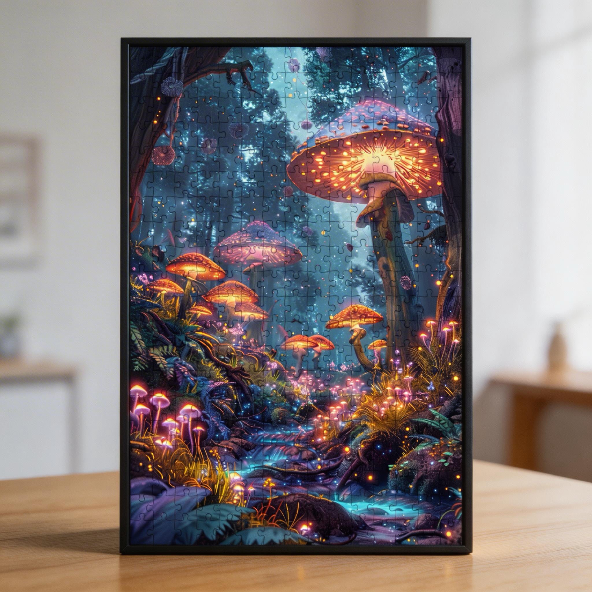 Glowing Mushroom Forest Wooden Jigsaw Puzzle - Enchanted Fantasy Nature Wood Puzzle