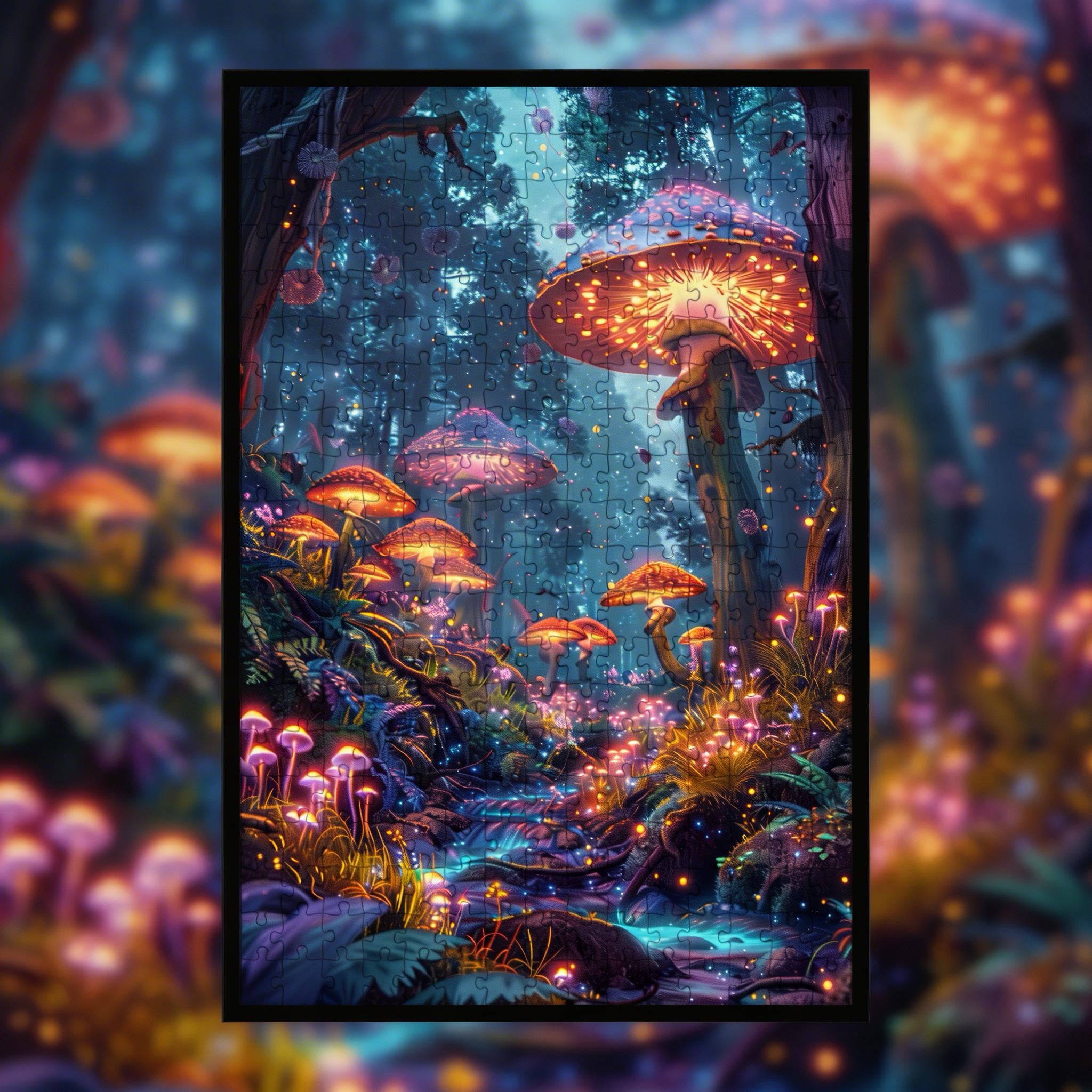Glowing Mushroom Forest Wooden Jigsaw Puzzle - Enchanted Fantasy Nature Wood Puzzle