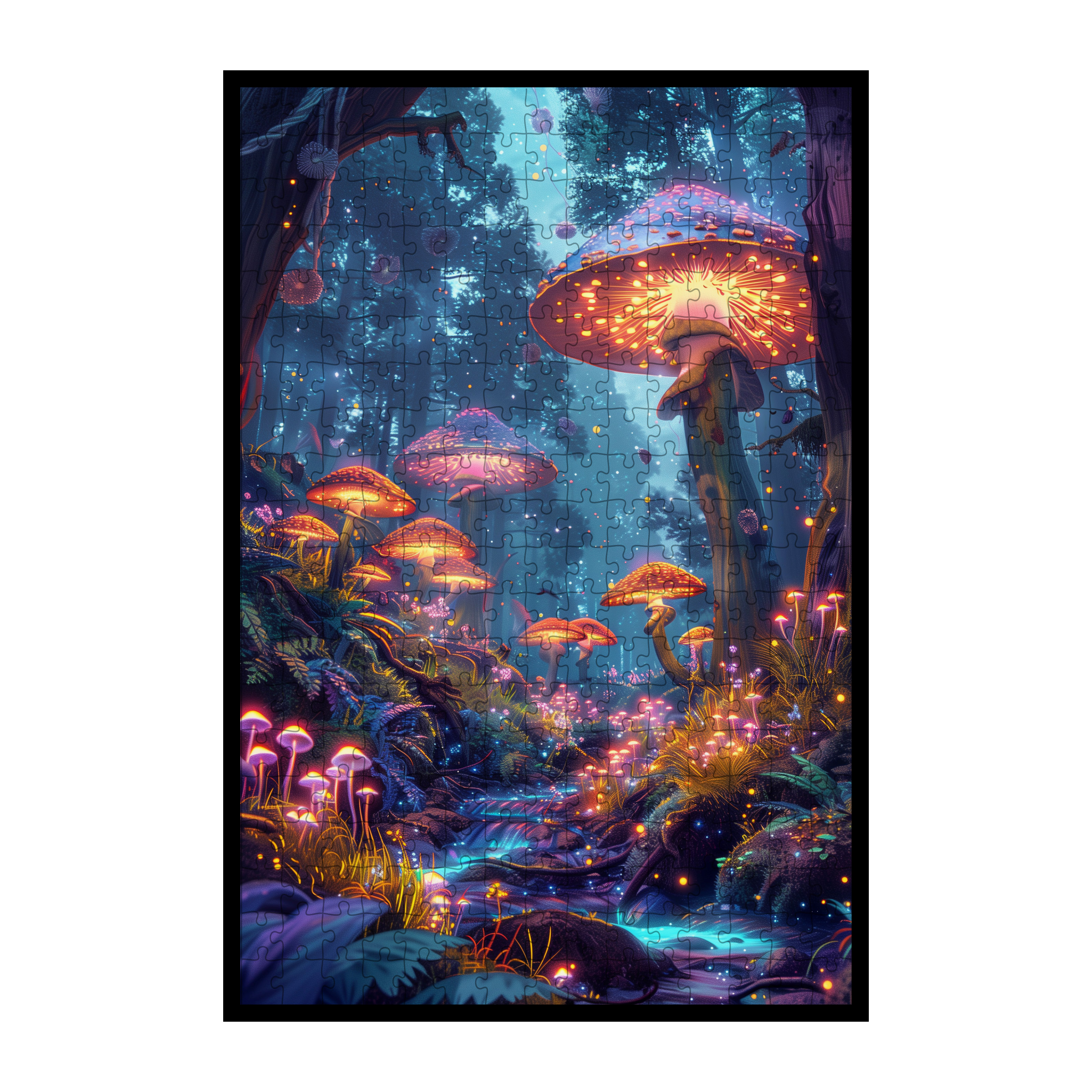 Glowing Mushroom Forest Wooden Jigsaw Puzzle - Enchanted Fantasy Nature Wood Puzzle