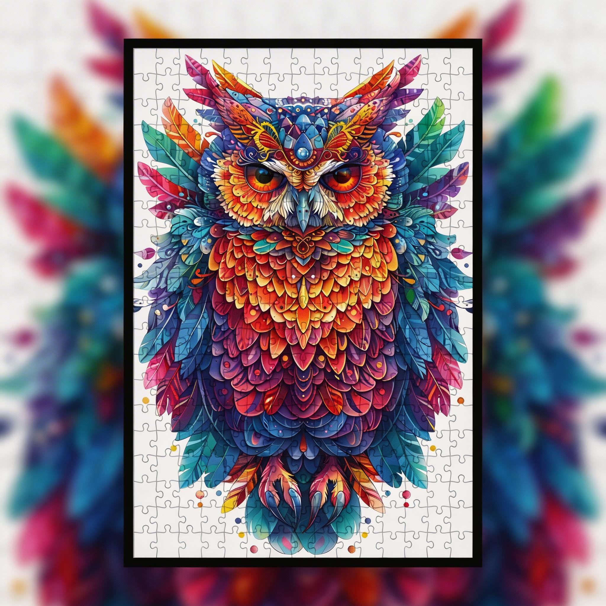 Golden Eye Owl Mandala Wooden Jigsaw Puzzle - Vibrant Bird of Wisdom Animal Shaped Wood Puzzle