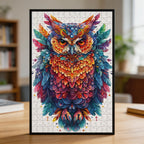 Golden Eye Owl Mandala Wooden Jigsaw Puzzle - Vibrant Bird of Wisdom Animal Shaped Wood Puzzle
